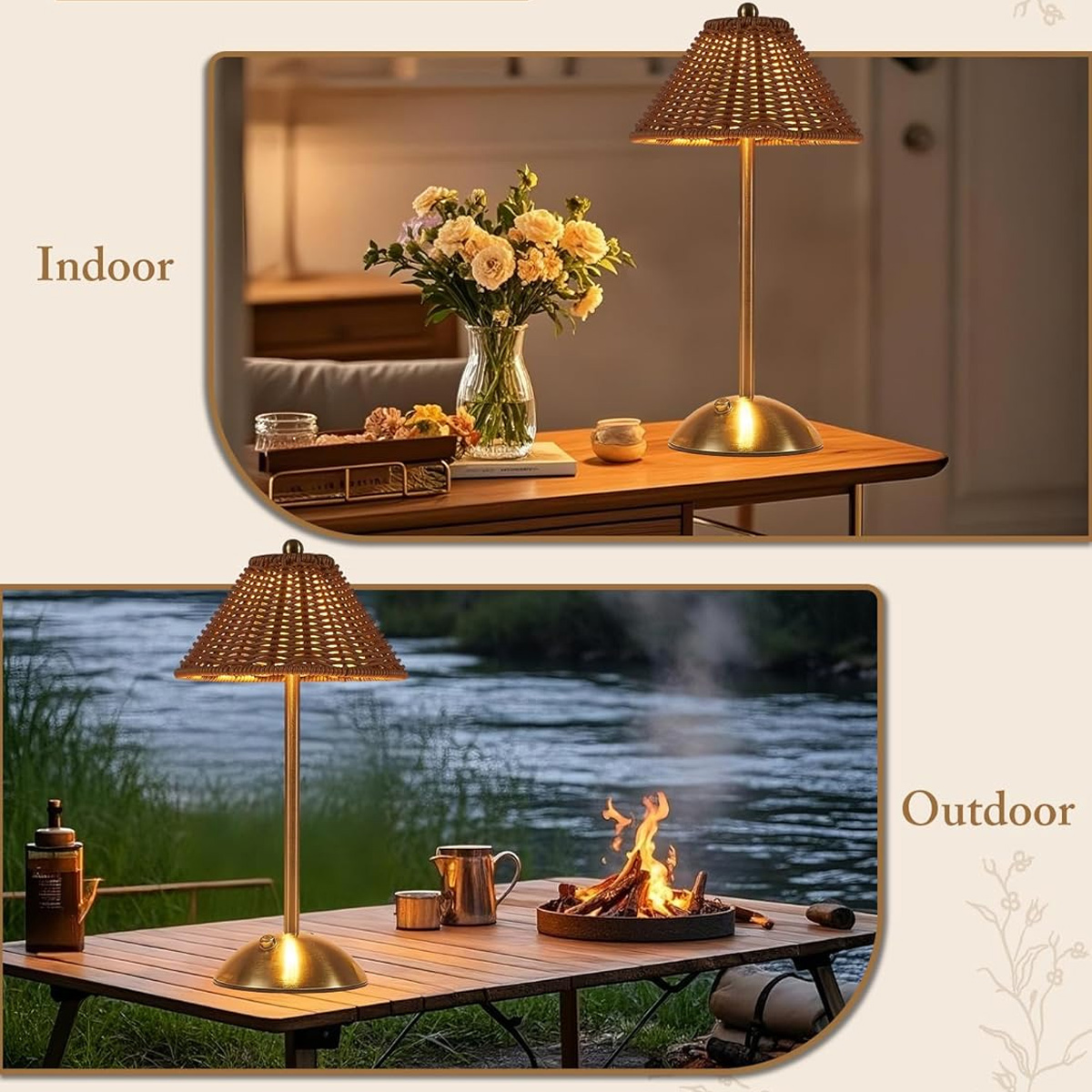Das Bild zeigt Innen- und Außenaufnahmen. Innen: Lampe, Blumen, Tisch. Draußen: Lampe, Feuer, Tisch, Fluss.