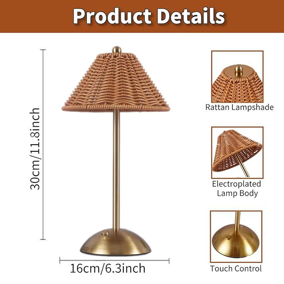 Eine braune Tischlampe mit Rattan-Lampenschirm. Die Lampe ist goldfarben, mit Touch-Steuerung und ist 30cm/11.8inch hoch.