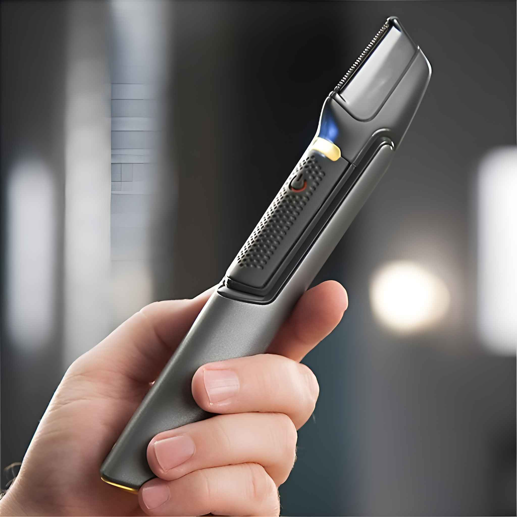 Eine Hand hält einen grauen Elektrorasierer. Er hat einen schwarzen Kopf mit einer Klinge und einen kleinen Ein-/Ausschalter. Der Hintergrund ist unscharf.