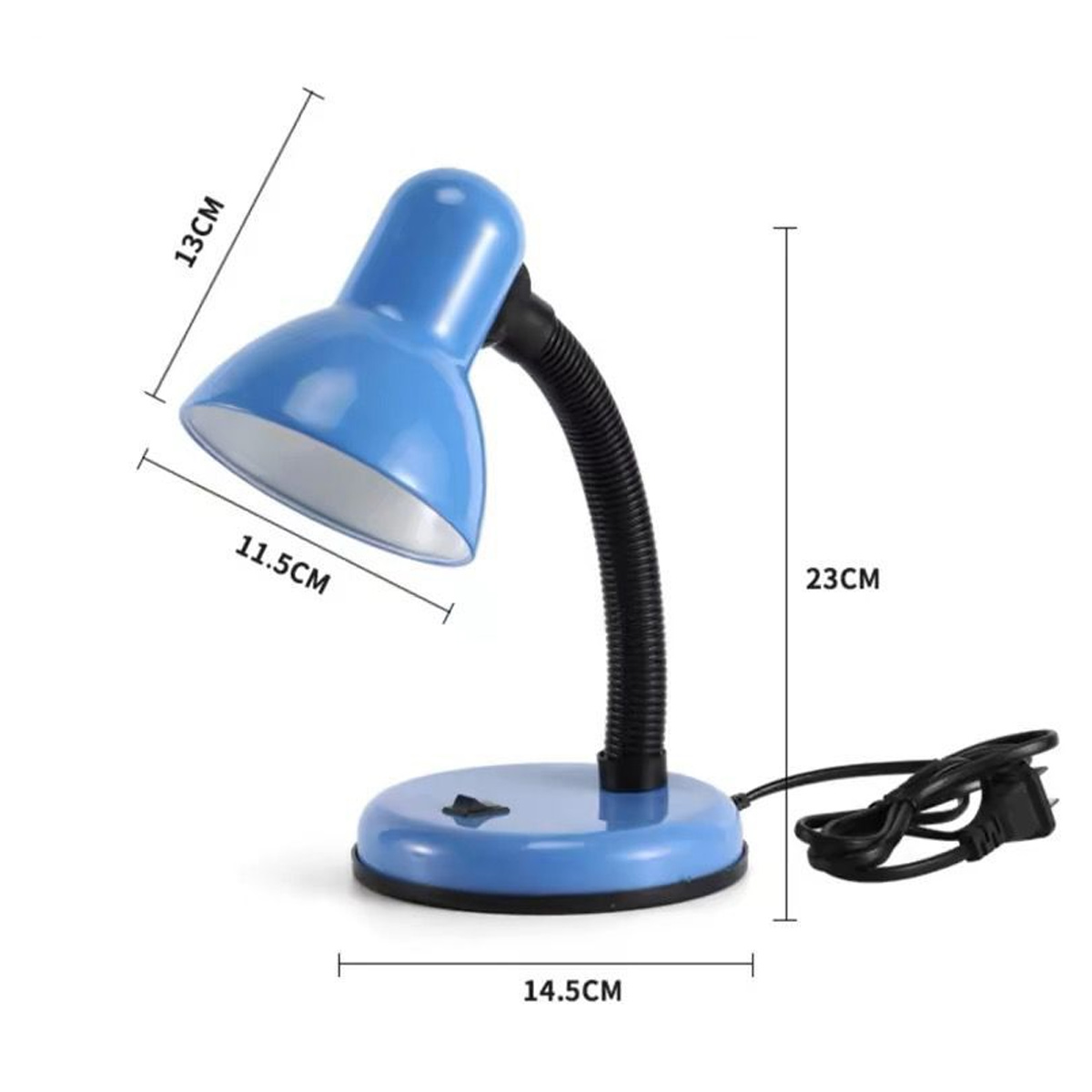 Eine blaue Schreibtischlampe mit flexiblem Hals, Sockel und Schirm. Abmessungen sind angegeben. Die Lampe steht vor weißem Hintergrund.