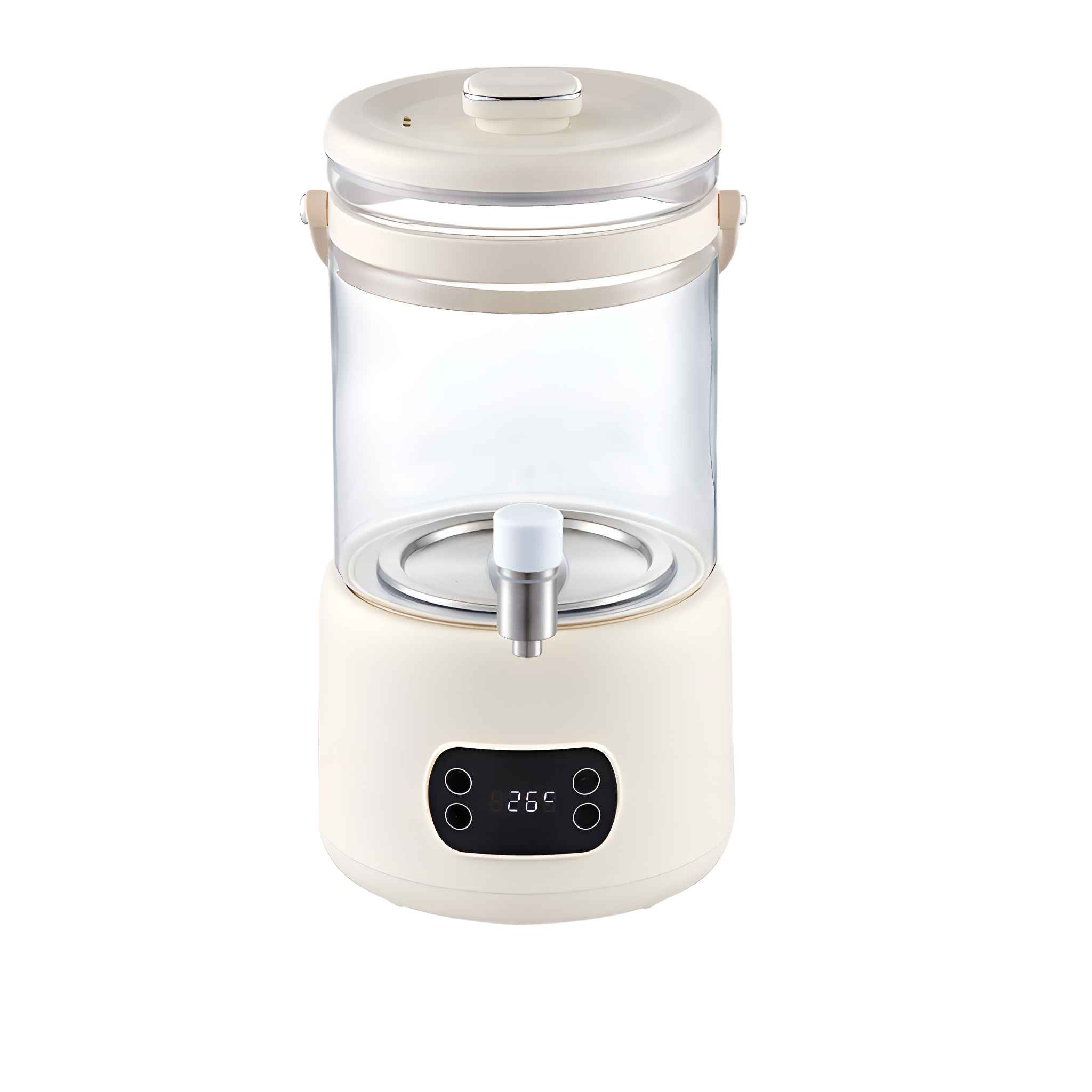 Beige Wasserspender mit transparentem Glasbehälter. Mit Zapfhahn, Digitalanzeige mit 26°C und Deckel.