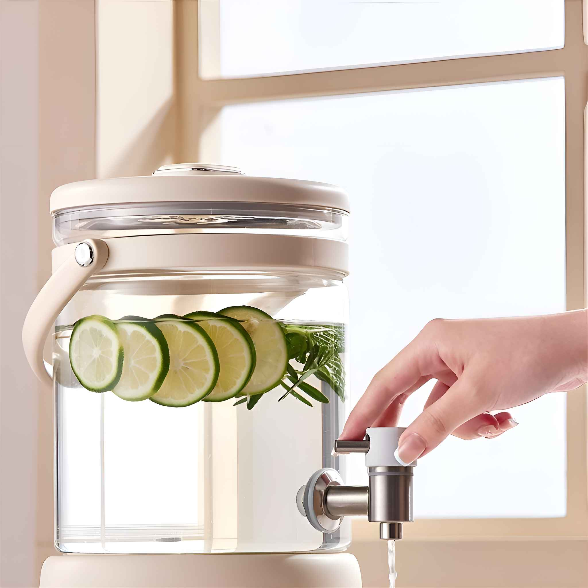 Die Hand einer Person gibt Wasser aus einem Glasgetränkespender aus. Im Inneren befinden sich Limettenscheiben und Minze. Der Spender ist beige.