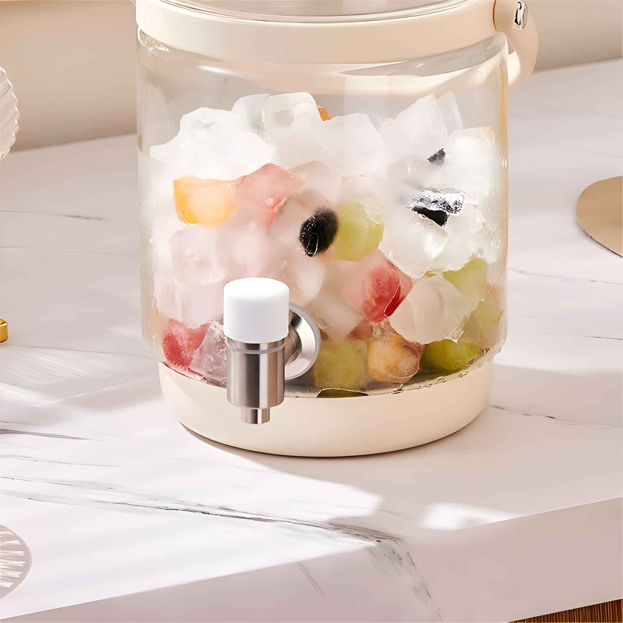 Ein klarer Spender gefüllt mit Eis und Obst. Ein silberner Wasserhahn ist vorne sichtbar. Er steht auf weißer Marmoroberfläche.