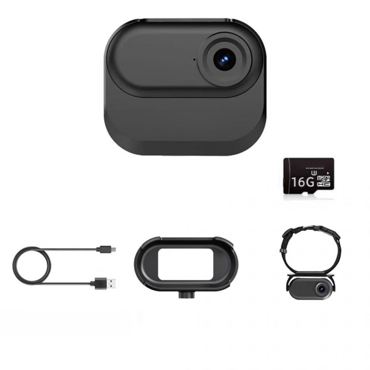 Das Bild zeigt eine schwarze Mini-Kamera, eine 16G-Speicherkarte, ein USB-Kabel und Zubehör auf weißem Hintergrund.