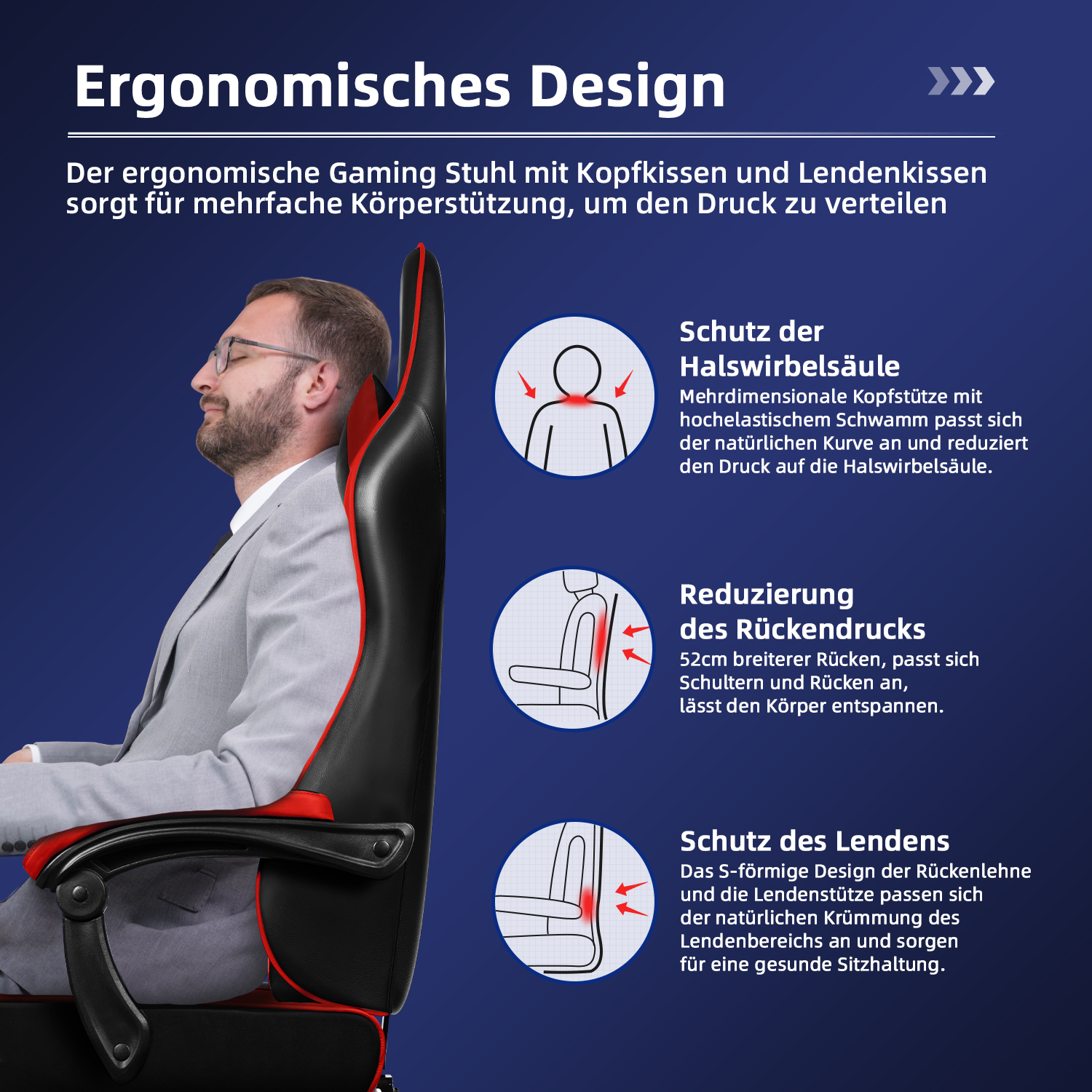 Mann im Anzug sitzt in einem schwarzen Gaming-Stuhl mit roten Akzenten. Text beschreibt ergonomische Merkmale.