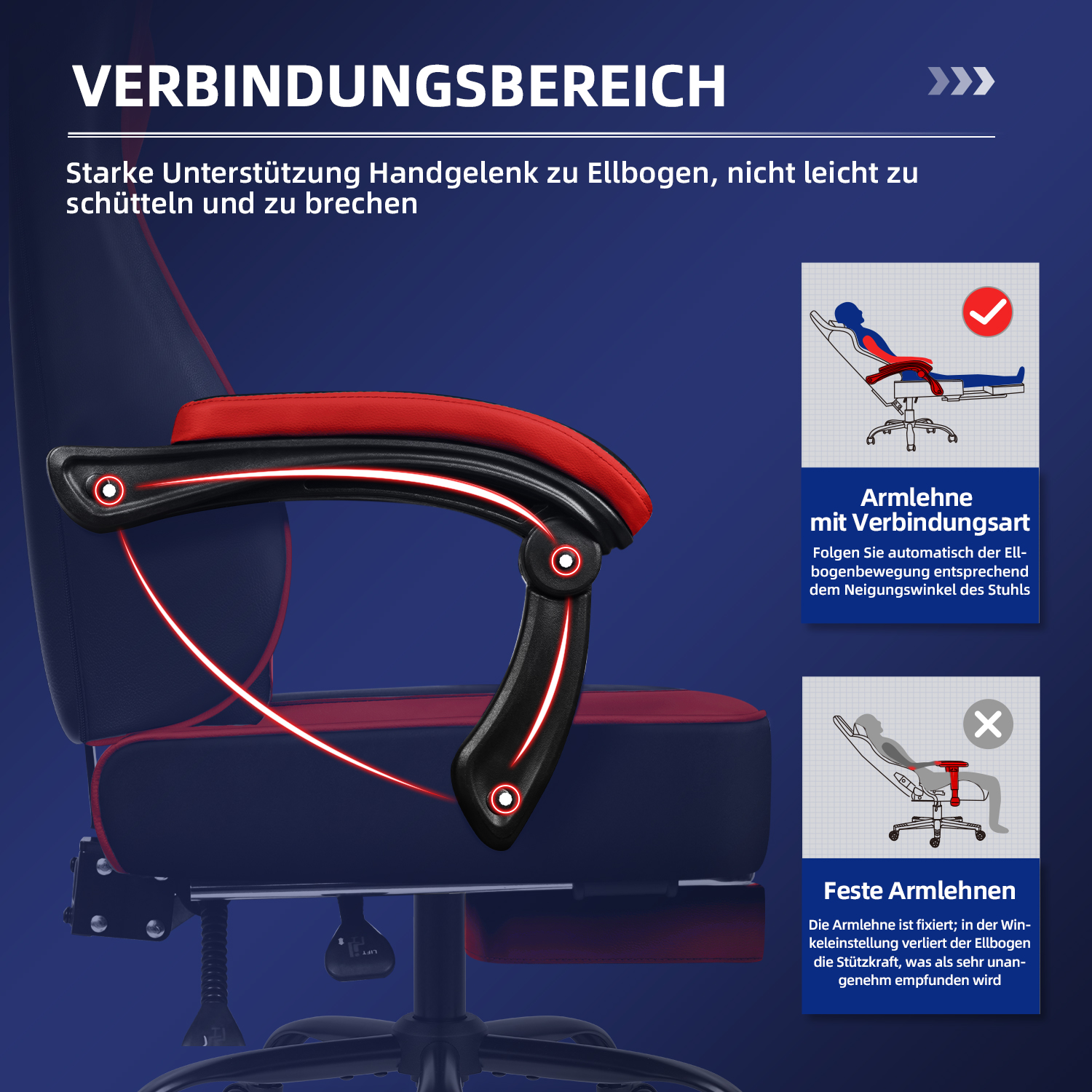 Ein Gaming-Stuhl mit roten und schwarzen Akzenten. Text in Deutsch hebt die Armlehnenunterstützung hervor. Diagramme zeigen Armlehnentypen.