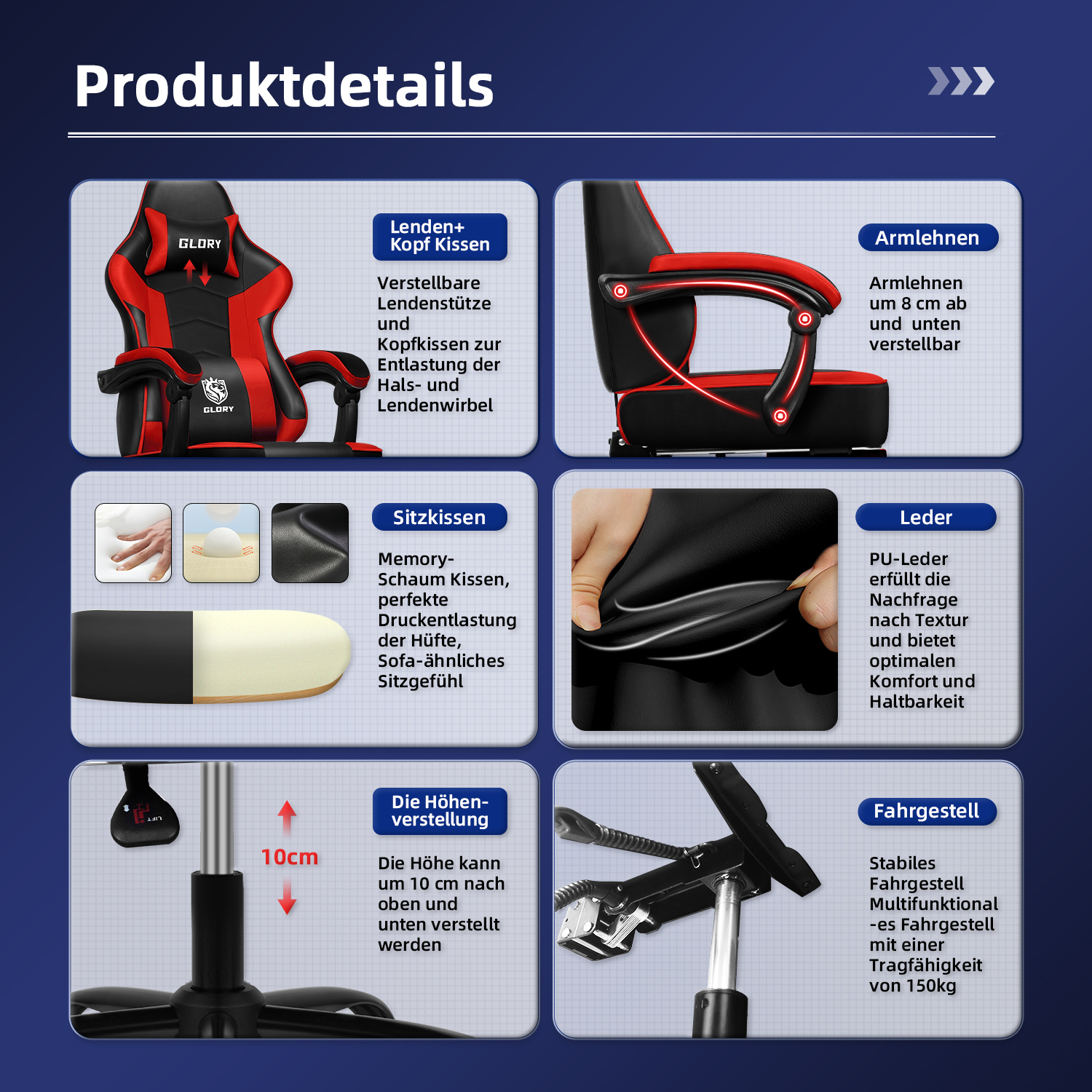Ein ergonomischer Gaming-Stuhl mit rotem und schwarzem Design. Verfügt über verstellbare Lendenwirbelstütze, Armlehnen und Höhe, mit stabiler Basis.