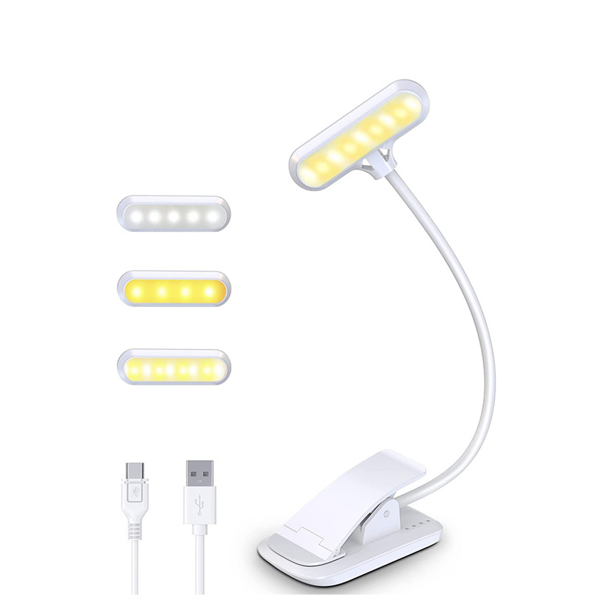 Weiße Klemmlampe mit verstellbaren LED-Leuchten und einem USB-Ladekabel wird angezeigt.