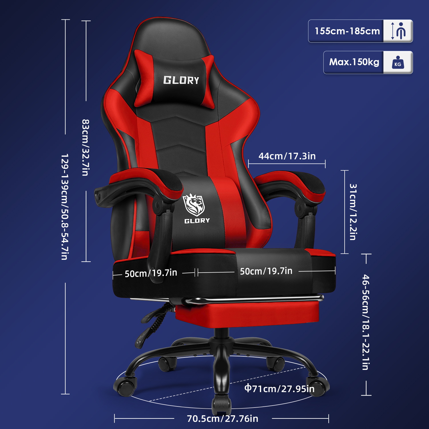 Gaming-Stuhl mit rot-schwarzem Design, Maße gekennzeichnet. Enthält Glory-Logo und Höhen-/Gewichtsangaben, auf blauem Hintergrund.