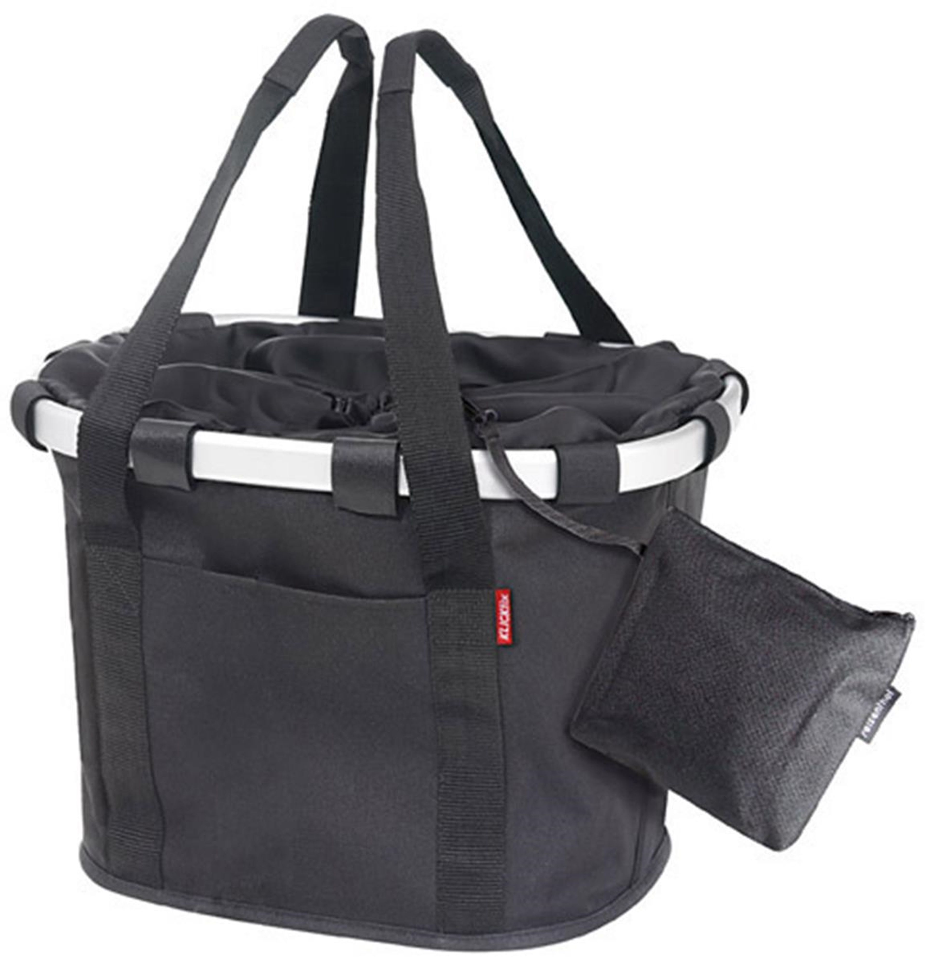 Czarny koszyk na zakupy z białą ramą i dwoma czarnymi uchwytami. Z boku ma małą kieszeń.