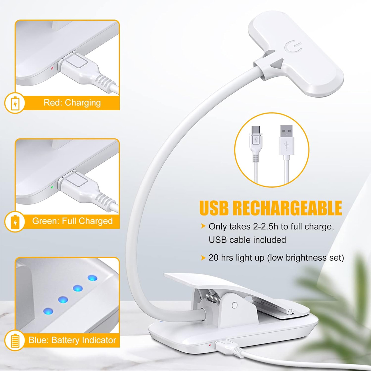 Weiße, wiederaufladbare USB-Clip-Lampe mit Lade- und Batteriestandsanzeige. Inklusive USB-Kabel. Merkmale: Rot (Laden), grün (voll) und blau (Batterie).