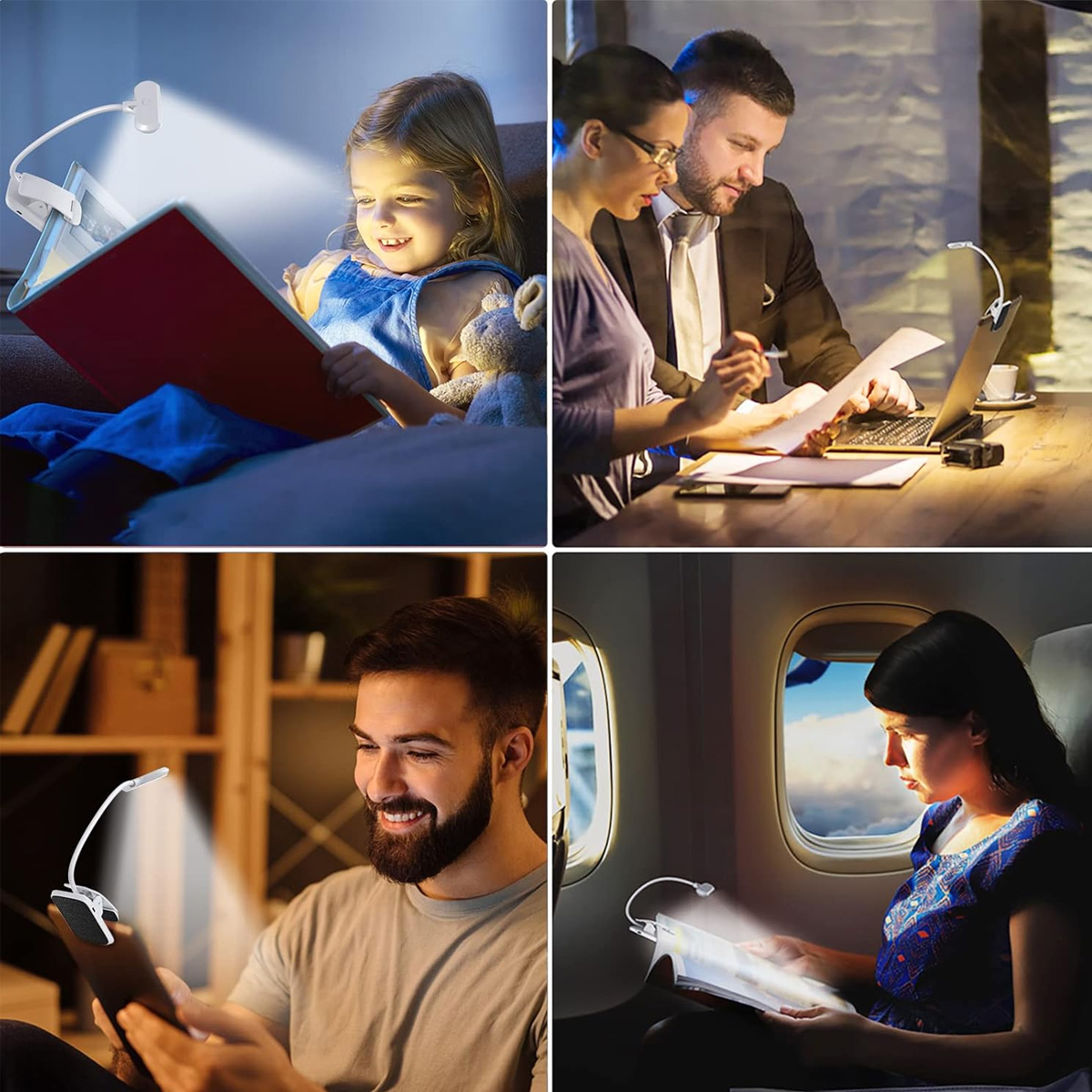 Eine Collage mit vier Szenarien: ein lesendes Mädchen, ein arbeitendes Paar, ein Mann mit einem Tablet und eine lesende Frau im Flugzeug, alle mit Clip-On-Leuchten.