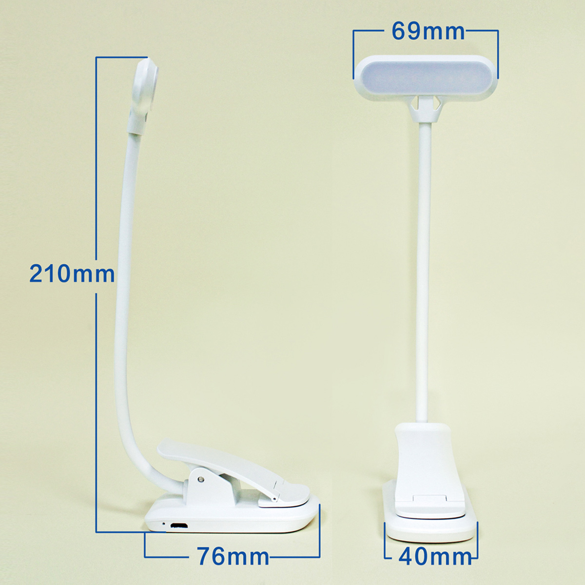 Zwei weiße LED-Clip-Lampen. Eine hat einen flexiblen Hals, die andere eine starre Stange. Abmessungen sind blau beschriftet.