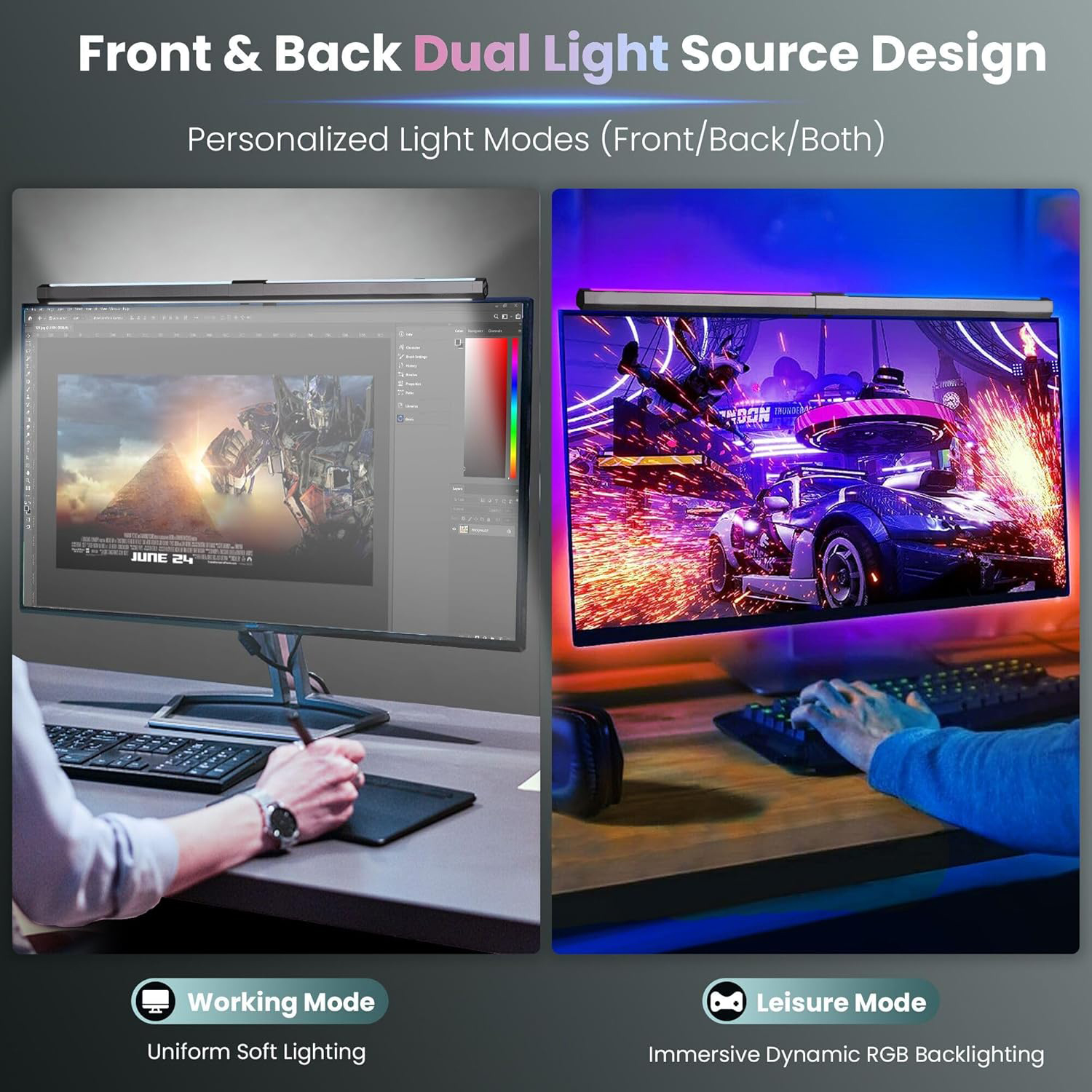 L'immagine mostra due monitor con barre luminose. Uno mostra un'interfaccia di editing, l'altro una scena di gioco. Una modalità è per il lavoro e l'altra per il tempo libero.