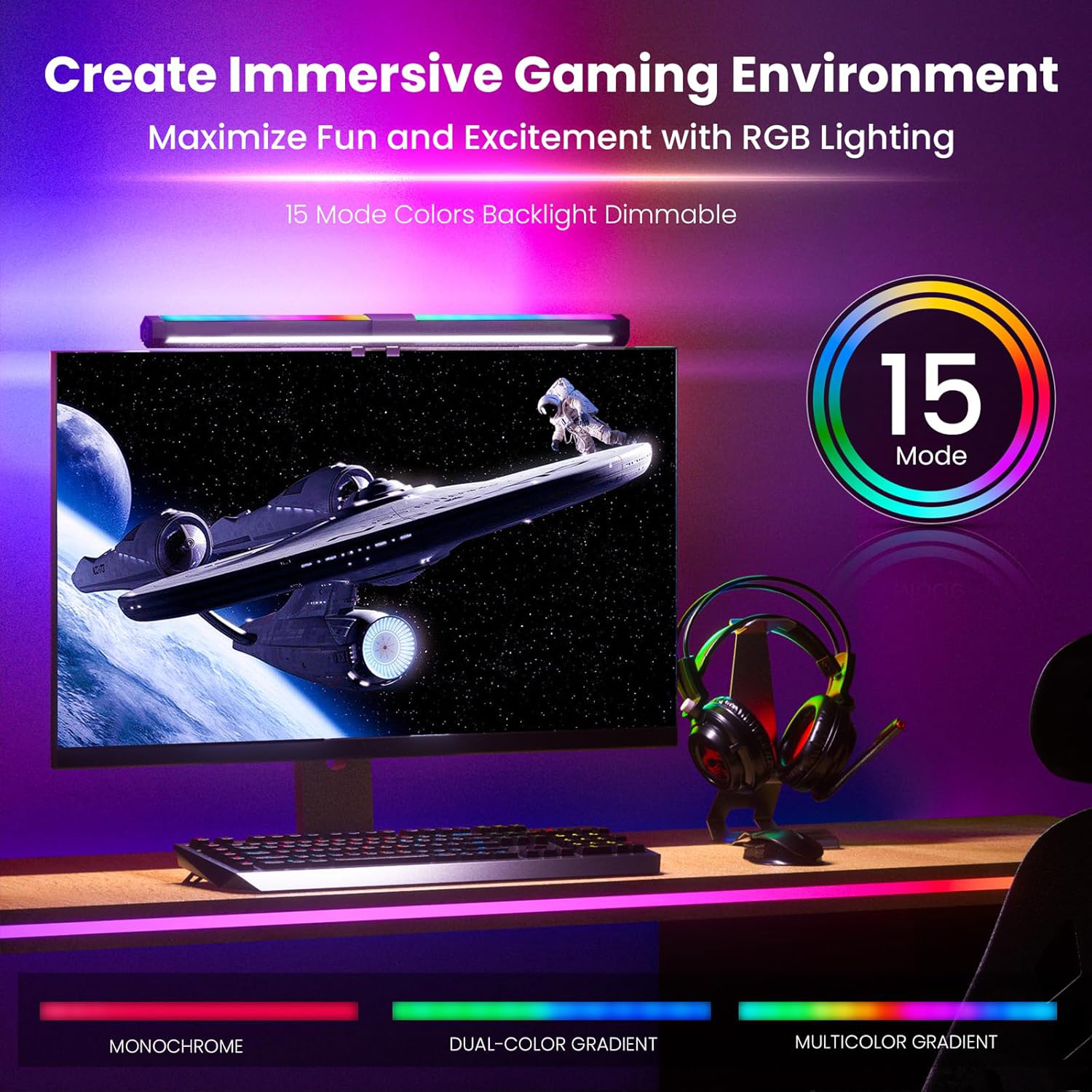 Un monitor mostra un'astronave. Un'impostazione di gioco con cuffie, tastiera e una barra luminosa colorata. La scena promuove l'illuminazione RGB.