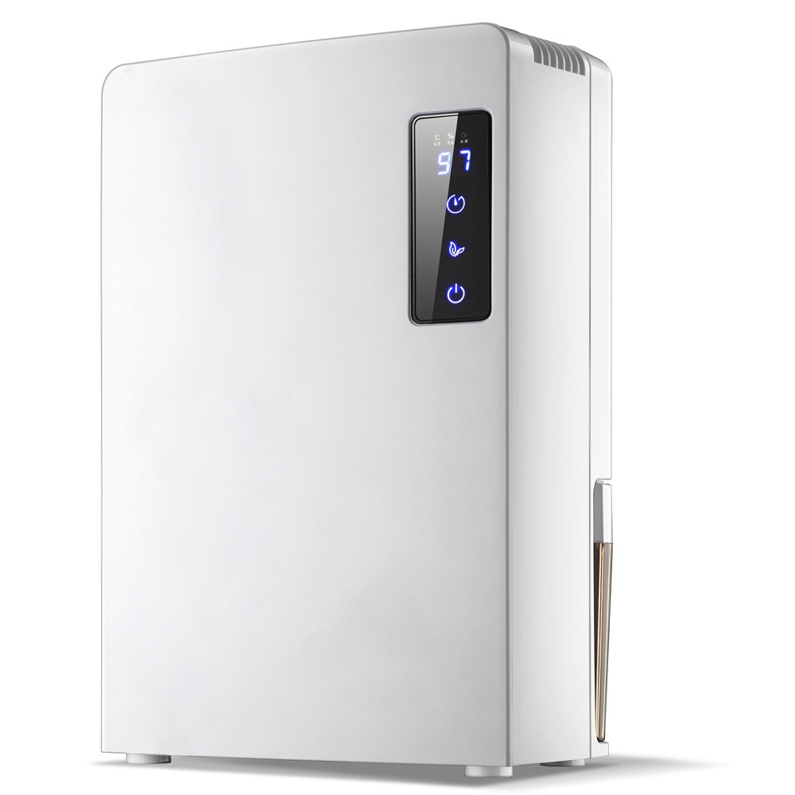 Ein weißer Luftentfeuchter mit digitaler Anzeige 97. Er hat Symbole für Strom, Blatt und Ventilator. An der Seite ist eine transparente Wasserstandsanzeige.
