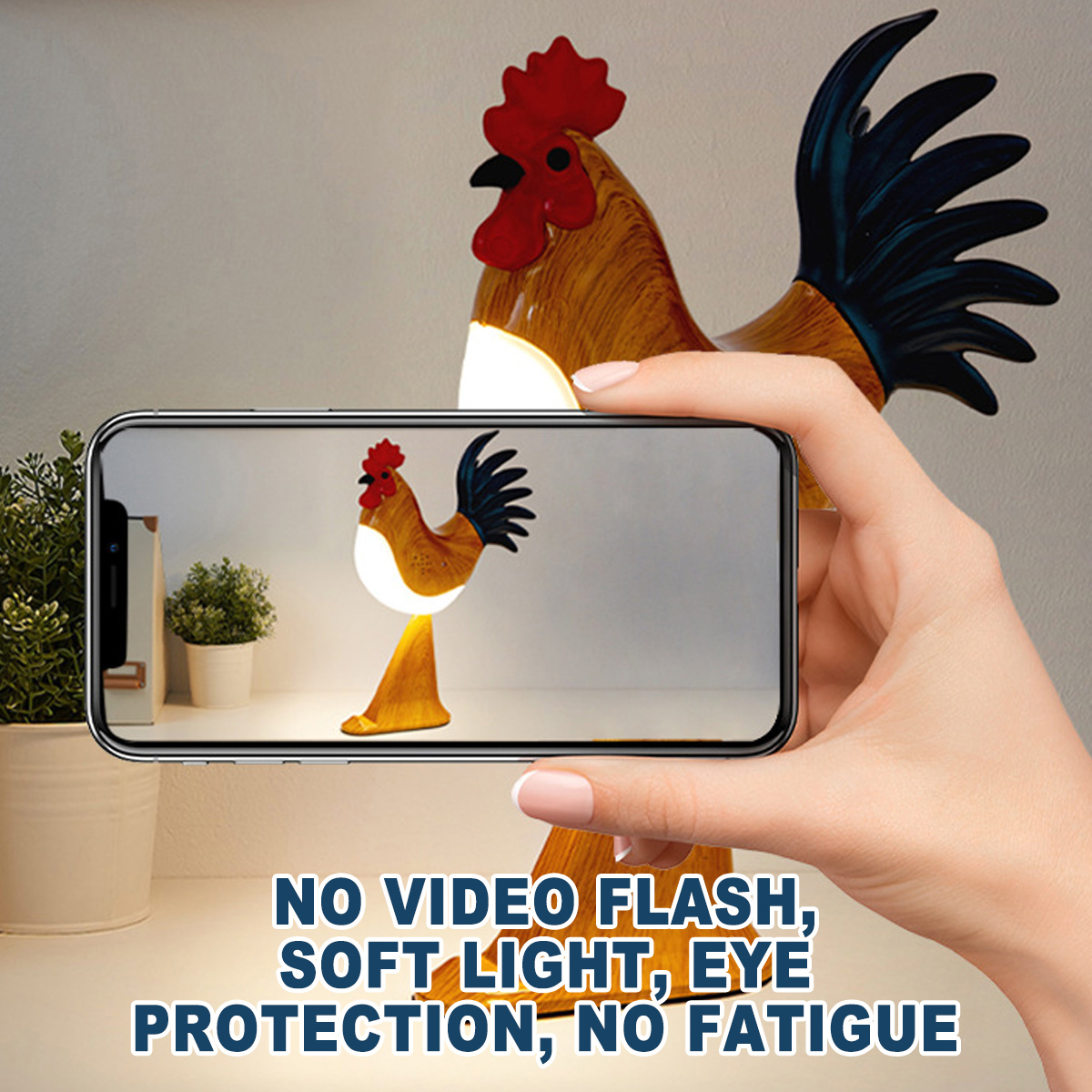 Eine Hand hält ein Telefon, das eine Hahnenlampe zeigt. Der Hintergrund zeigt eine größere Hahnenlampe und Text über Augenschutz.