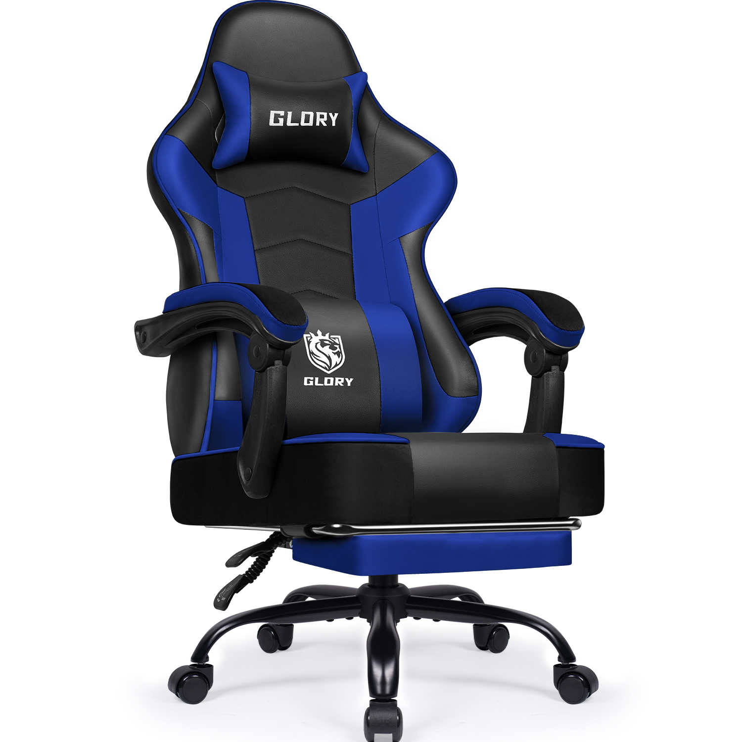 Gaming-Stuhl. Schwarz-blaues Farbschema. Enthält das Wort "GLORY". Enthält Armlehnen, eine Kopfstütze und eine Fußstütze.