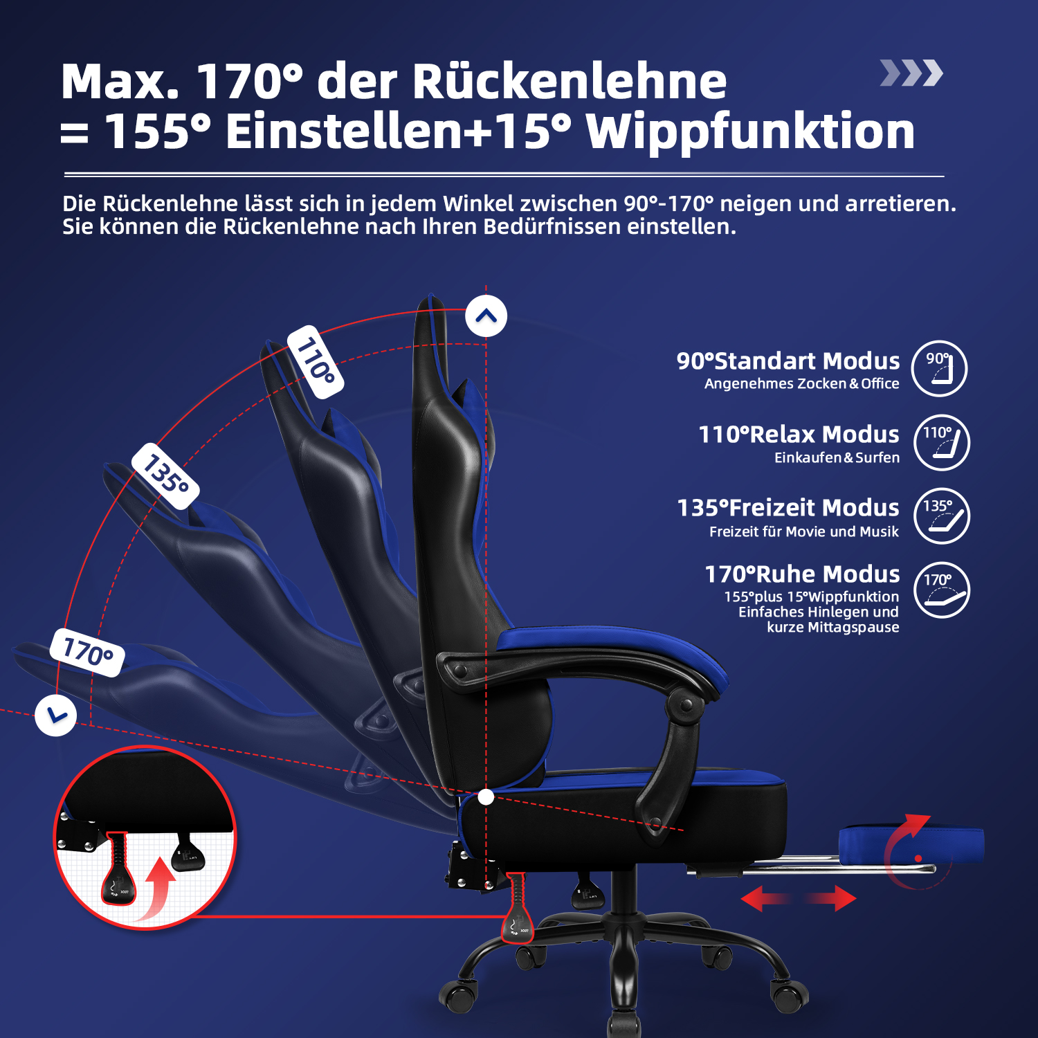 Ein Bürostuhl mit verstellbarer Rückenlehne. Der Stuhl ist schwarz und blau mit Winkelanzeigen für Liegepositionen.
