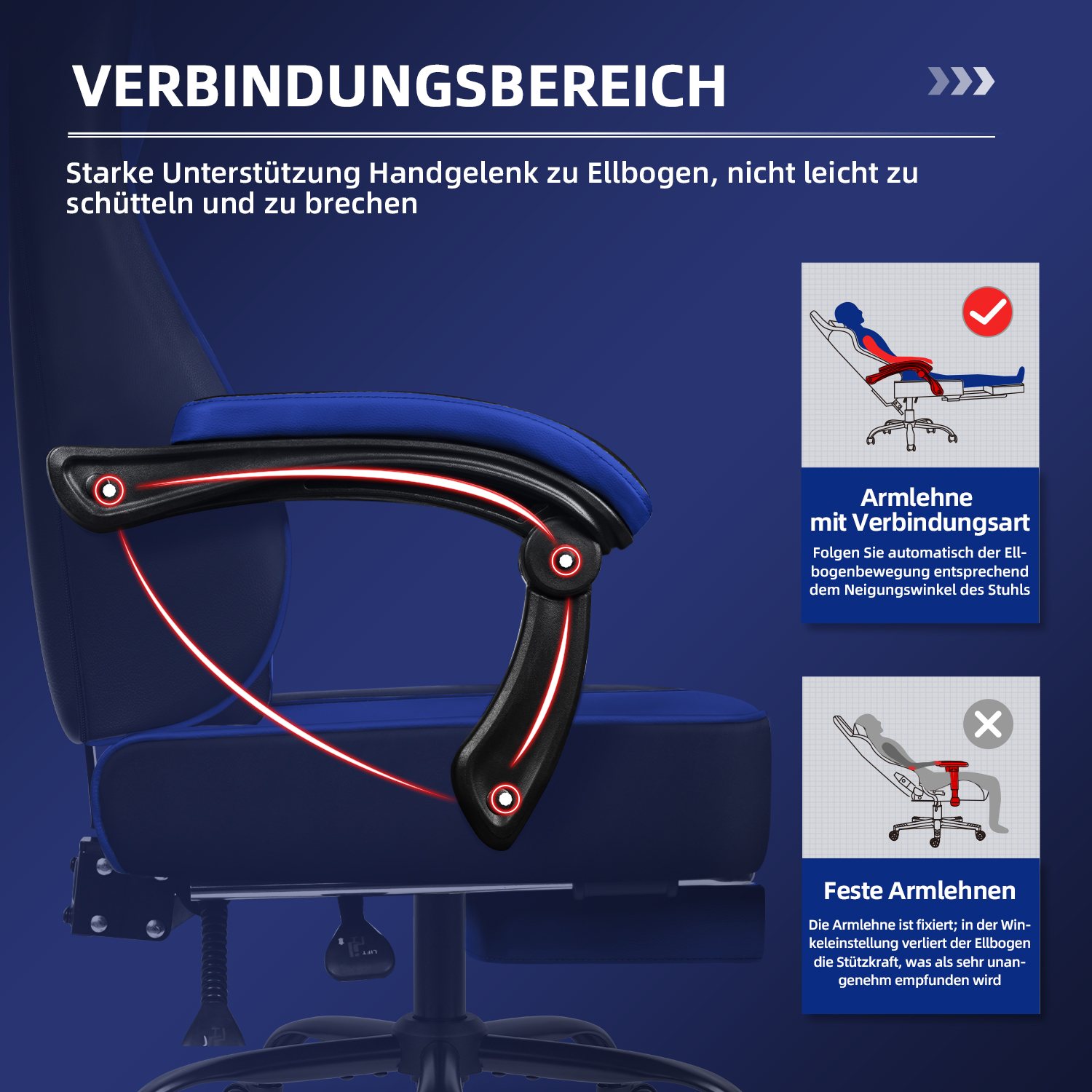 Detail eines blau-schwarzen Bürostuhls. Der Text zeigt die Armlehnenstütze und ihre Eigenschaften. Illustrationen und Text sind enthalten.
