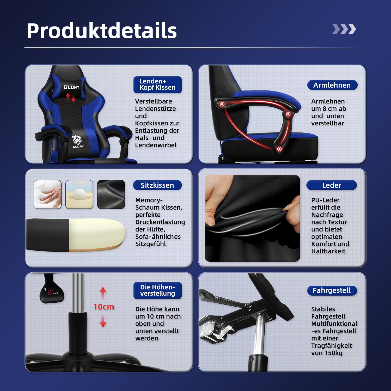 Produktbild. Zeigt einen Gaming-Stuhl mit verstellbarer Lendenwirbelstütze, Armlehnen, Höhe und Funktionen wie Memory-Schaum und PU-Leder.