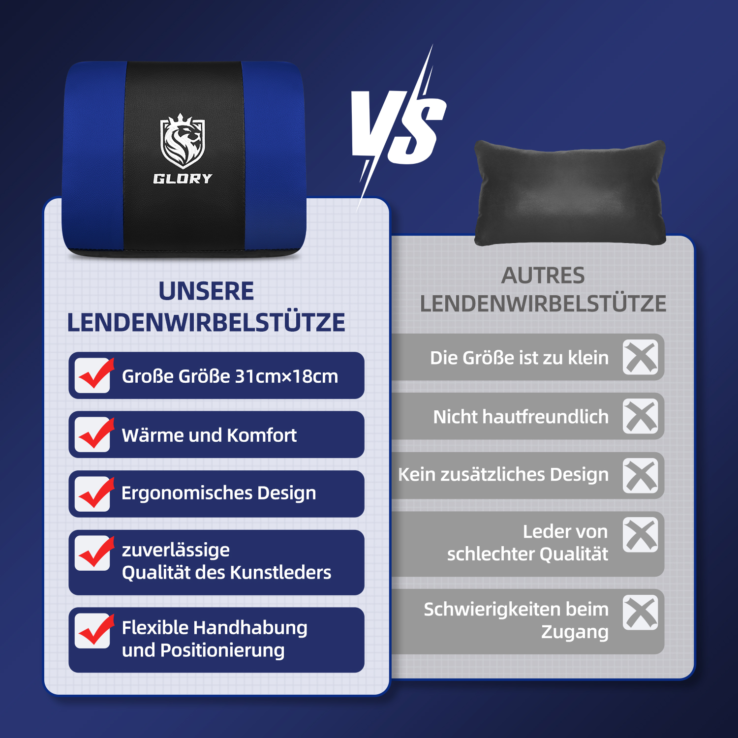 Vergleichsgrafik: eine blaue und schwarze Rückenstütze vs. eine schwarze. Funktionen und Nachteile werden nebeneinander aufgelistet.