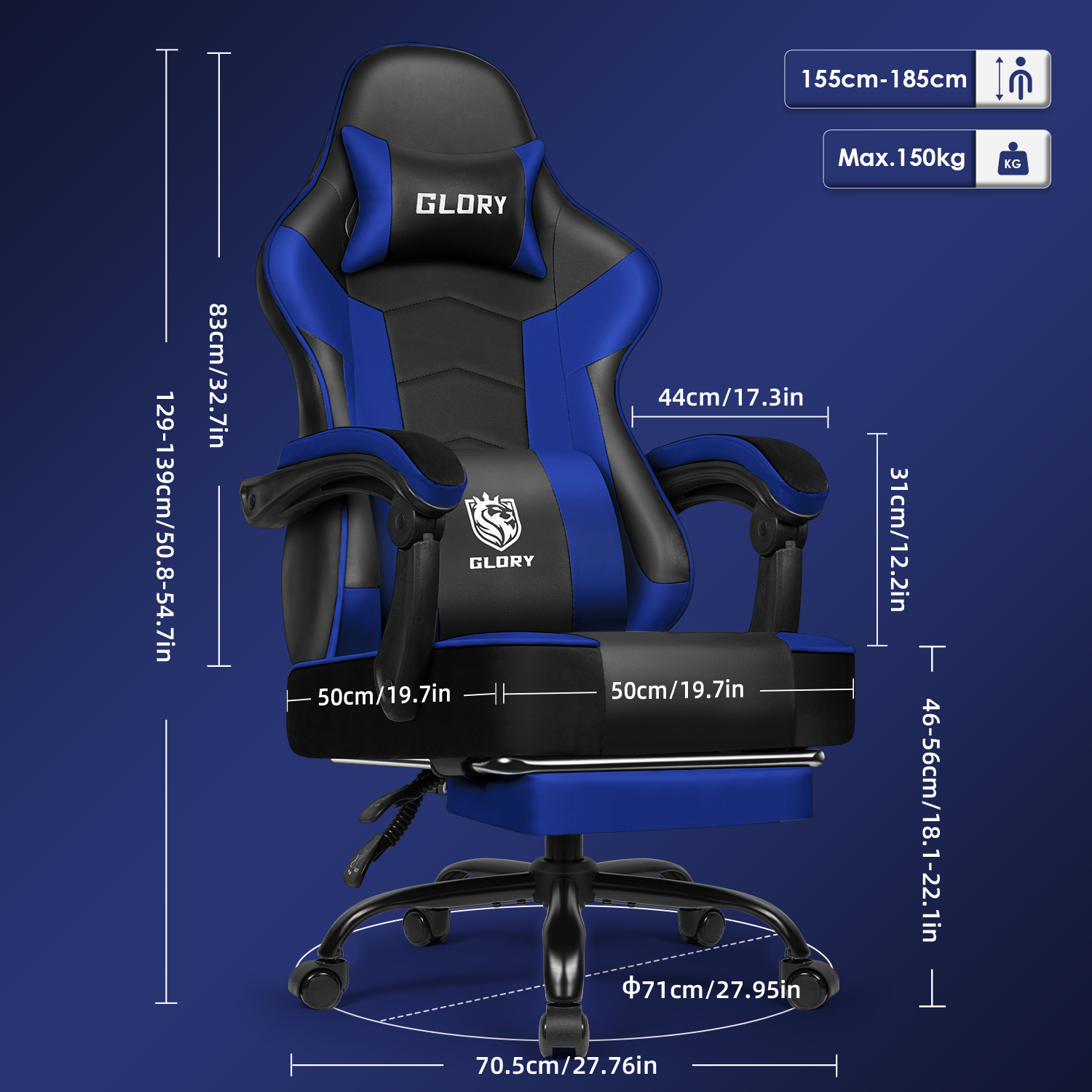 Gaming-Stuhl mit blauem und schwarzem Design. Abmessungen und Spezifikationen sind angegeben. Der Stuhl hat das "GLORY"-Logo.