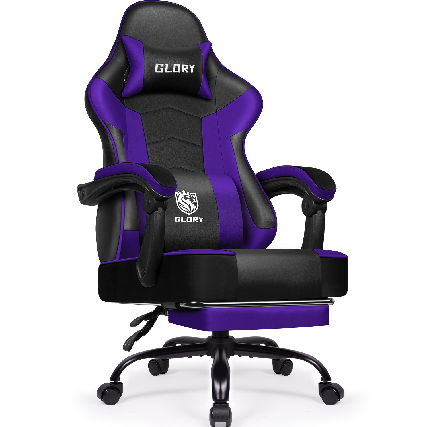 Ein Gaming-Stuhl von Glory in Lila und Schwarz mit Kopfstütze, Armlehnen und Fußstütze. Er hat Rollen und steht vor weißem Hintergrund.