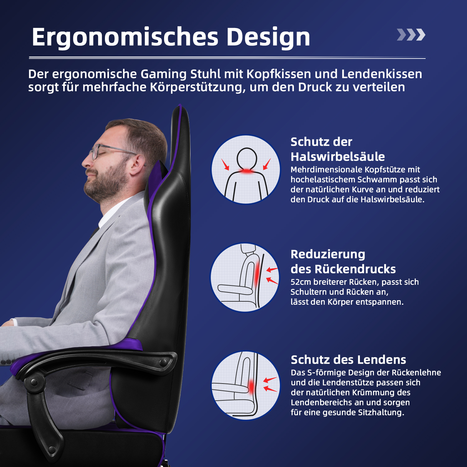 Mann in grauem Anzug sitzt in einem schwarzen Gaming-Stuhl mit lila Akzenten. Text beschreibt ergonomisches Design und Funktionen.