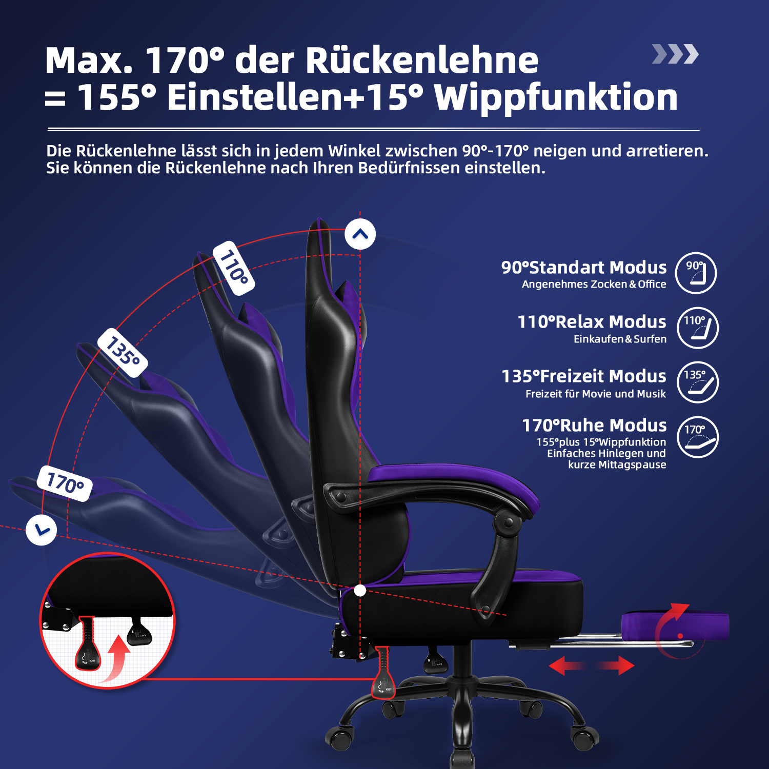 Ein schwarzer und lila Bürostuhl mit verstellbarer Rückenlehne. Der Stuhl lässt sich bis zu 170 Grad neigen, mit Fußstütze und verschiedenen Einstellungen.
