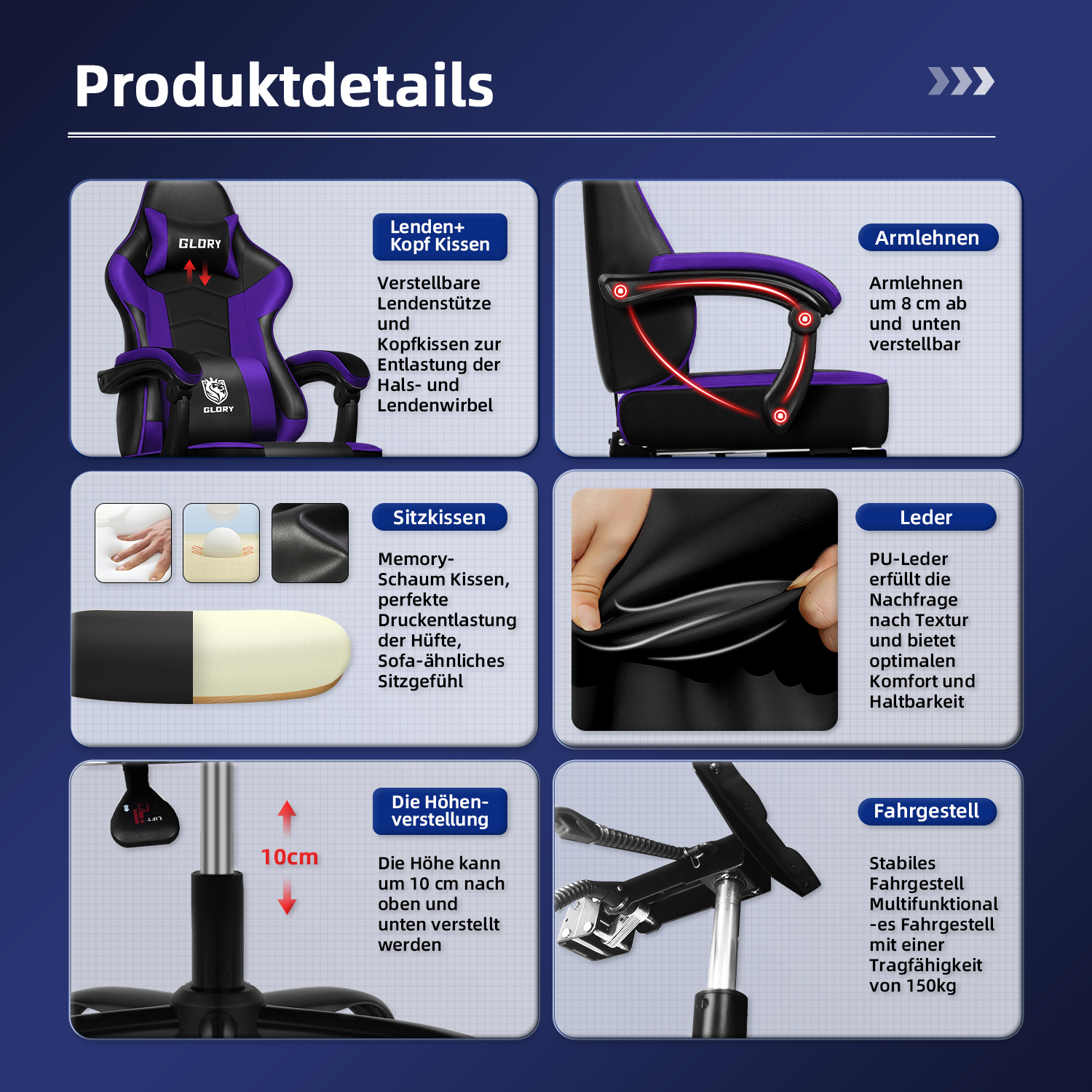 Produktdetails eines Gaming-Stuhls. Merkmale umfassen verstellbare Lendenwirbelstütze, Armlehnen, Memory-Schaum-Sitz, PU-Leder und Höhenverstellung.