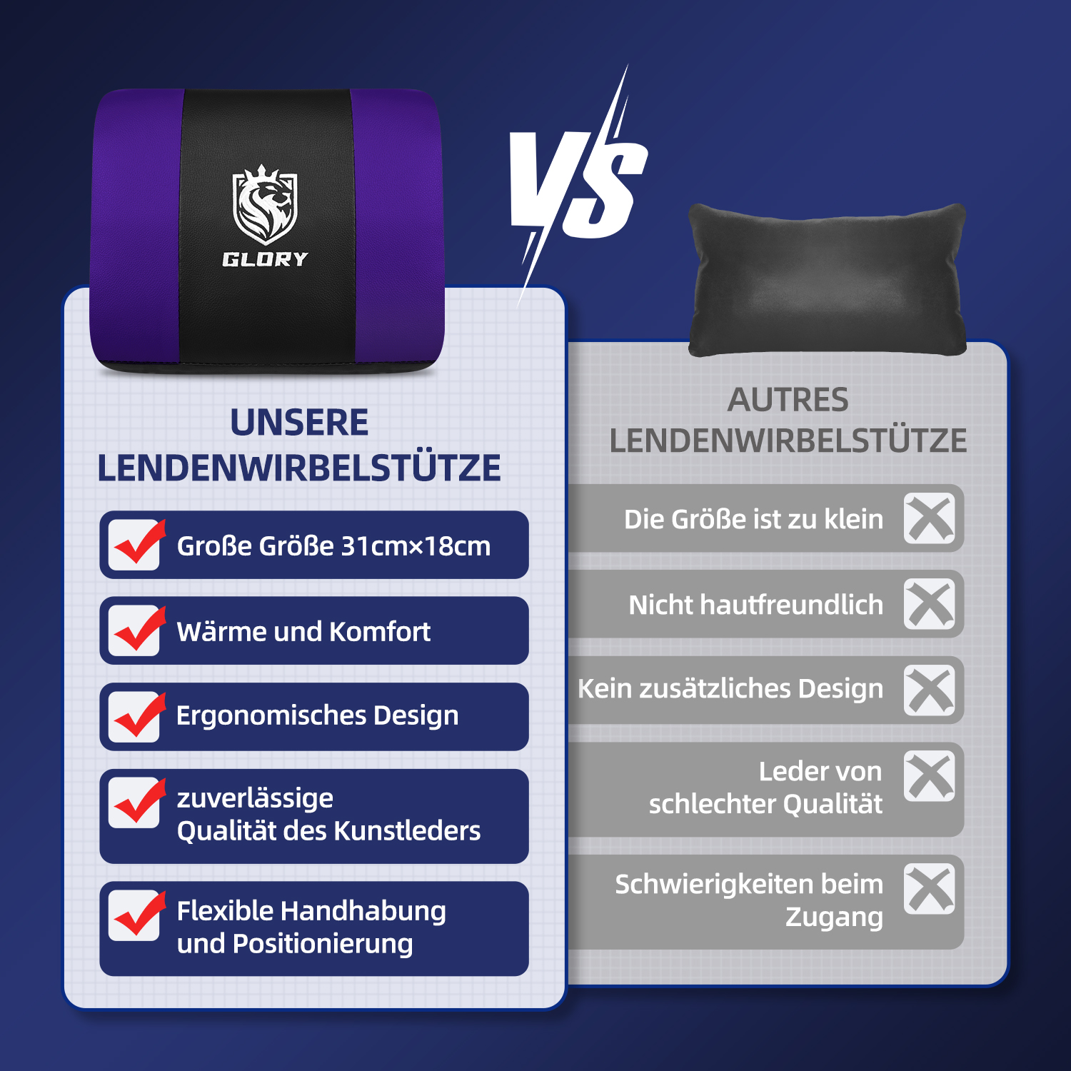 Vergleichstabelle: Glory-Lendenwirbelstütze vs. andere. Glory bietet Größe, Komfort, ergonomisches Design, Qualitätsleder. Andere fehlen diese.