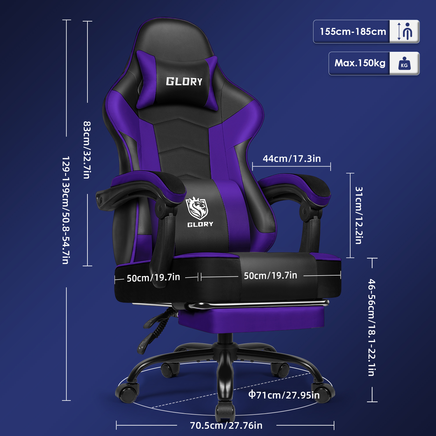 Ein schwarz-violetter Glory Gaming-Stuhl. Abmessungen werden angezeigt, einschließlich Höhe und Breite, mit einer Tragfähigkeit von 150 kg.