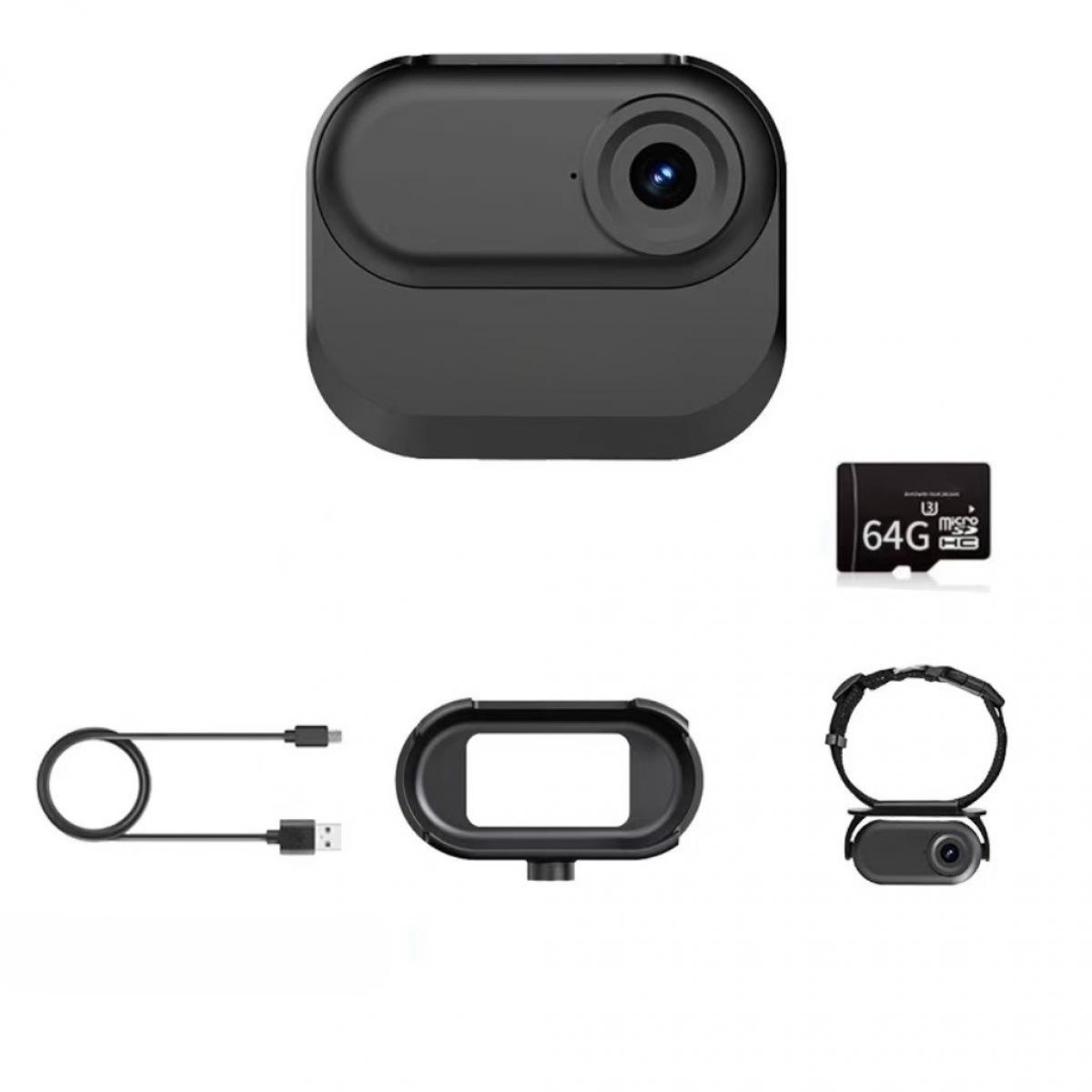 Schwarze Action-Kamera mit Zubehör: SD-Karte, USB-Kabel, Rahmen und eine weitere kleinere Kamera. Alles auf weißem Hintergrund.