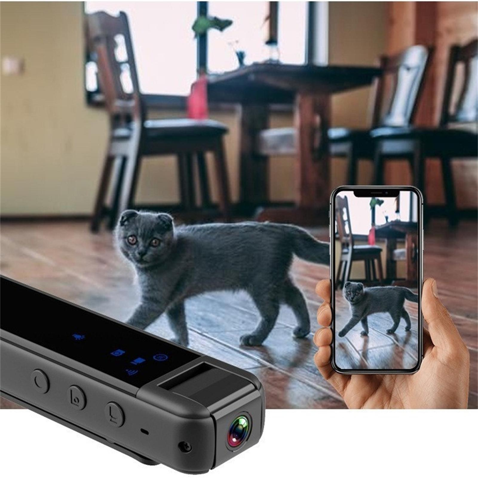 Eine graue Katze geht auf einem Holzboden. Ein Telefon zeigt die Katze. Eine schwarze Kamera befindet sich im Vordergrund.
