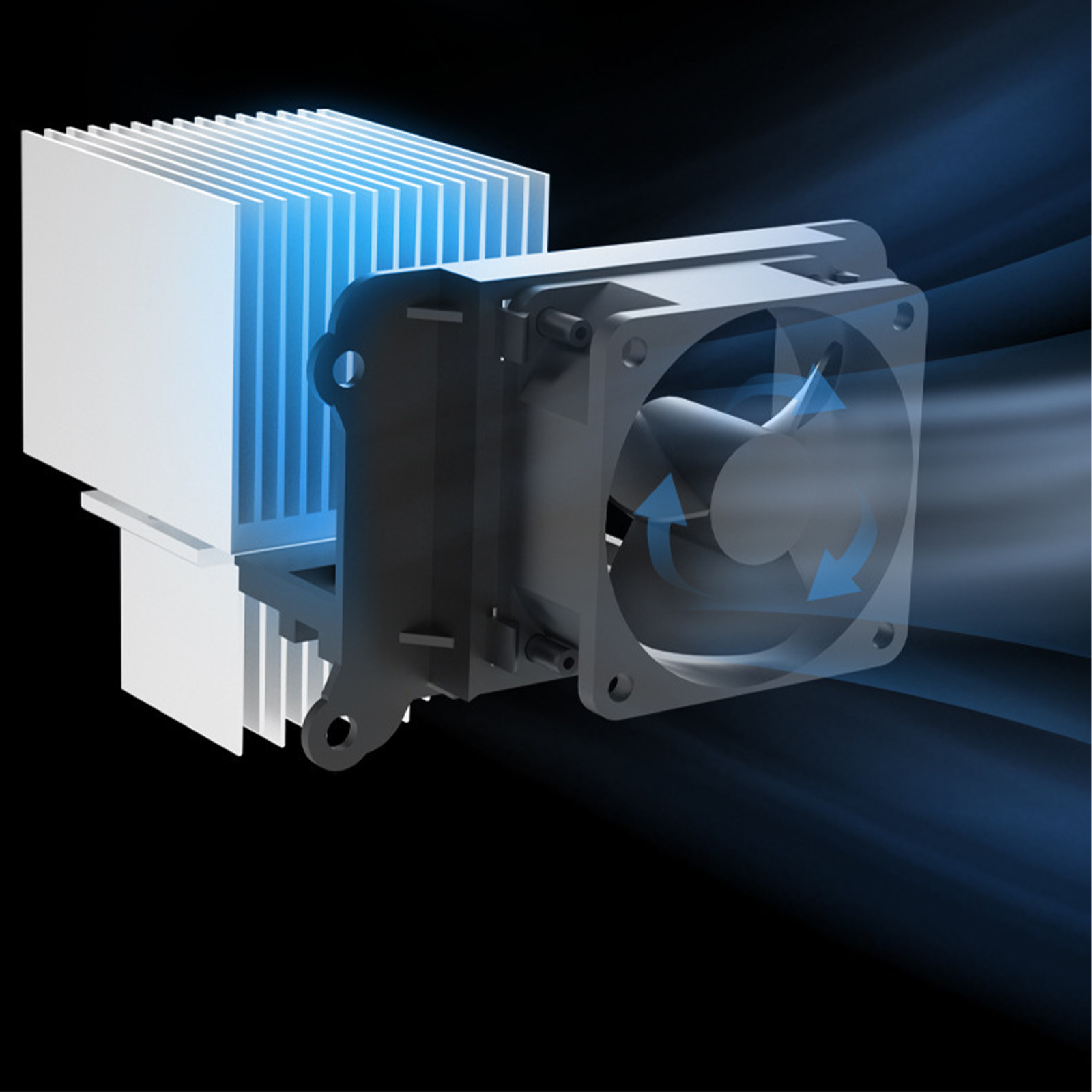 Ein CPU-Kühler mit Lüfter und Kühlkörper. Der Lüfter ist in Bewegung, blaue Pfeile zeigen die Luftstromrichtung.