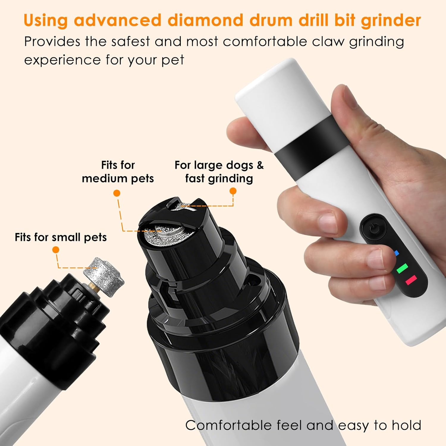 Ein elektrischer Nagelknipser für Haustiere mit weißem und schwarzem Design. Der Schleifer wird in einer Hand gehalten, wobei der Schleifkopf sichtbar ist.
