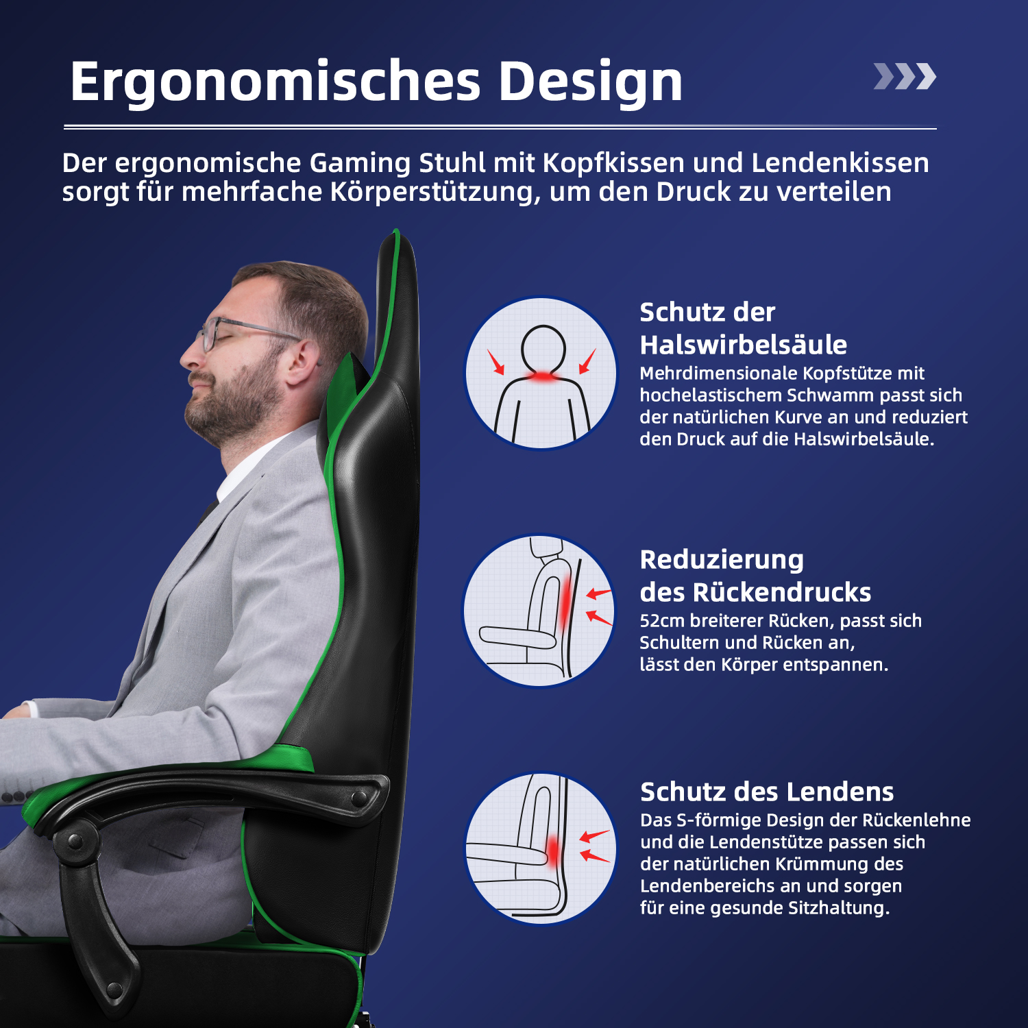 Ein Mann im Anzug sitzt in einem schwarz-grünen ergonomischen Gaming-Stuhl. Text beschreibt Nacken- und Lendenwirbelstütze.