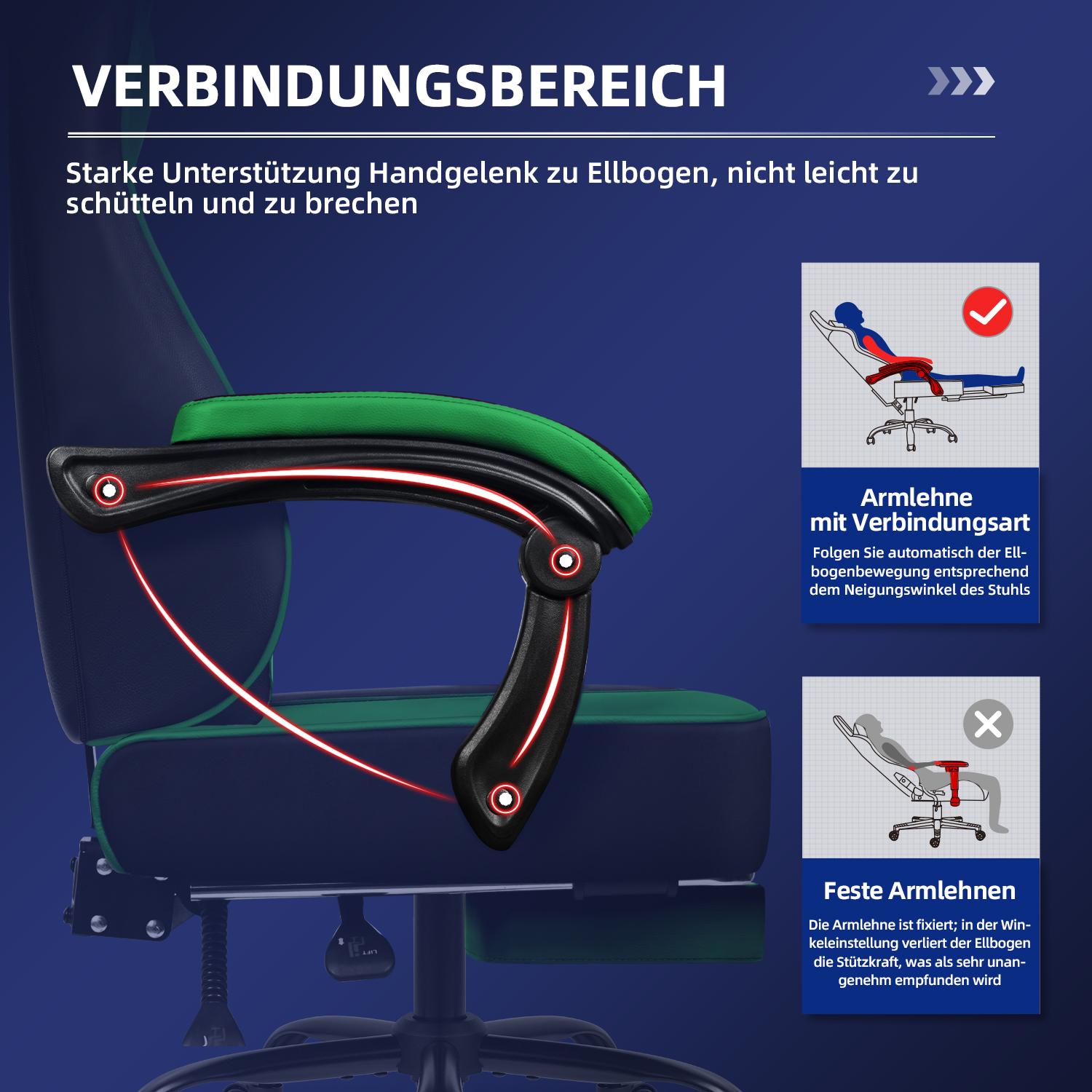 Detail eines Bürostuhls mit Armlehne, roter Linie. Deutscher Text beschreibt Unterstützung und Funktion.