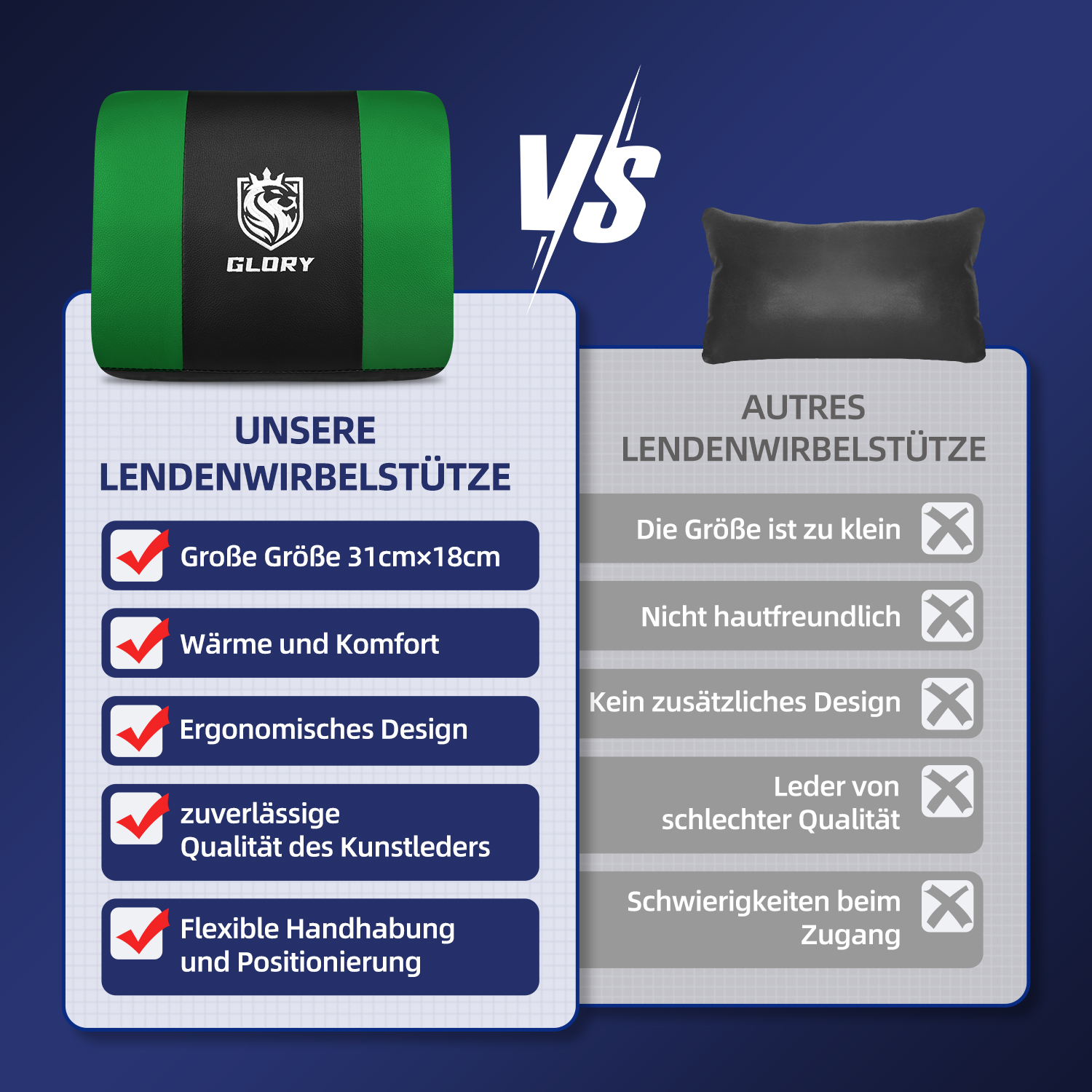Vergleichsbild: grünes/schwarzes Glory-Rückenkissen vs. schwarzes Kissen. Merkmale: Größe, Komfort, Design und Materialqualität.