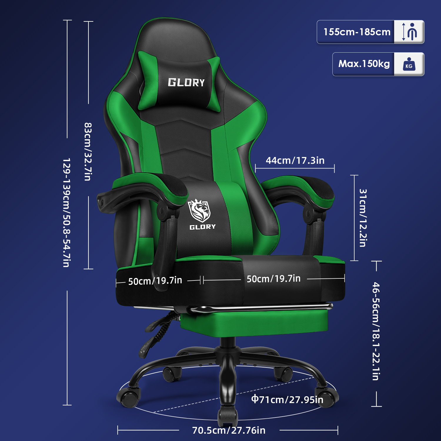 Ein schwarz-grüner Gaming-Stuhl mit Maßangaben. Er hat eine Kopfstütze, Armlehnen und eine Fußstütze. Der Hintergrund ist blau.
