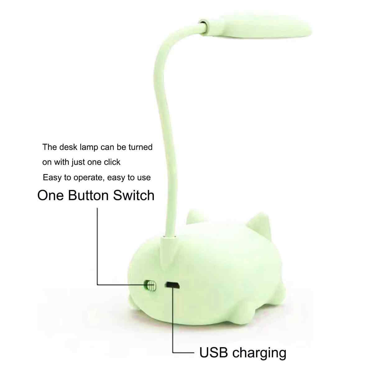 Eine grüne Schreibtischlampe mit rundem Fuß und flexiblem Hals. Sie hat einen USB-Ladeanschluss und einen Ein-Knopf-Schalter.