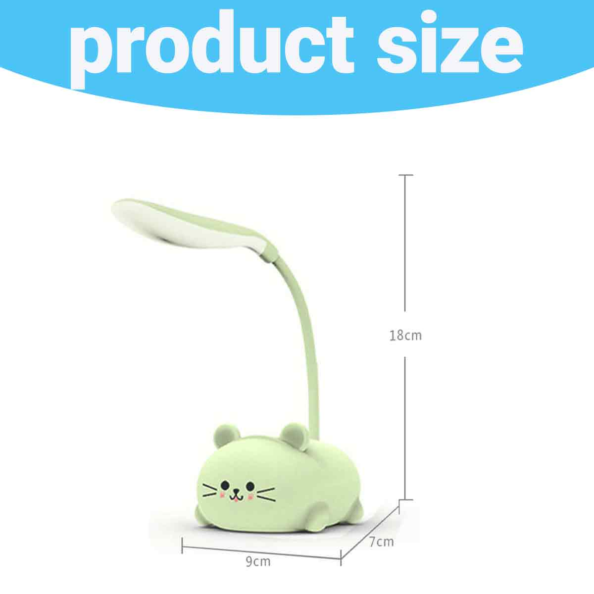Eine grüne, katzenförmige Schreibtischlampe mit flexiblem Hals und verstellbarem Leuchtenkopf. Die Maße sind 9x7x18cm. Der Text 'Produktgröße' ist im Hintergrund.