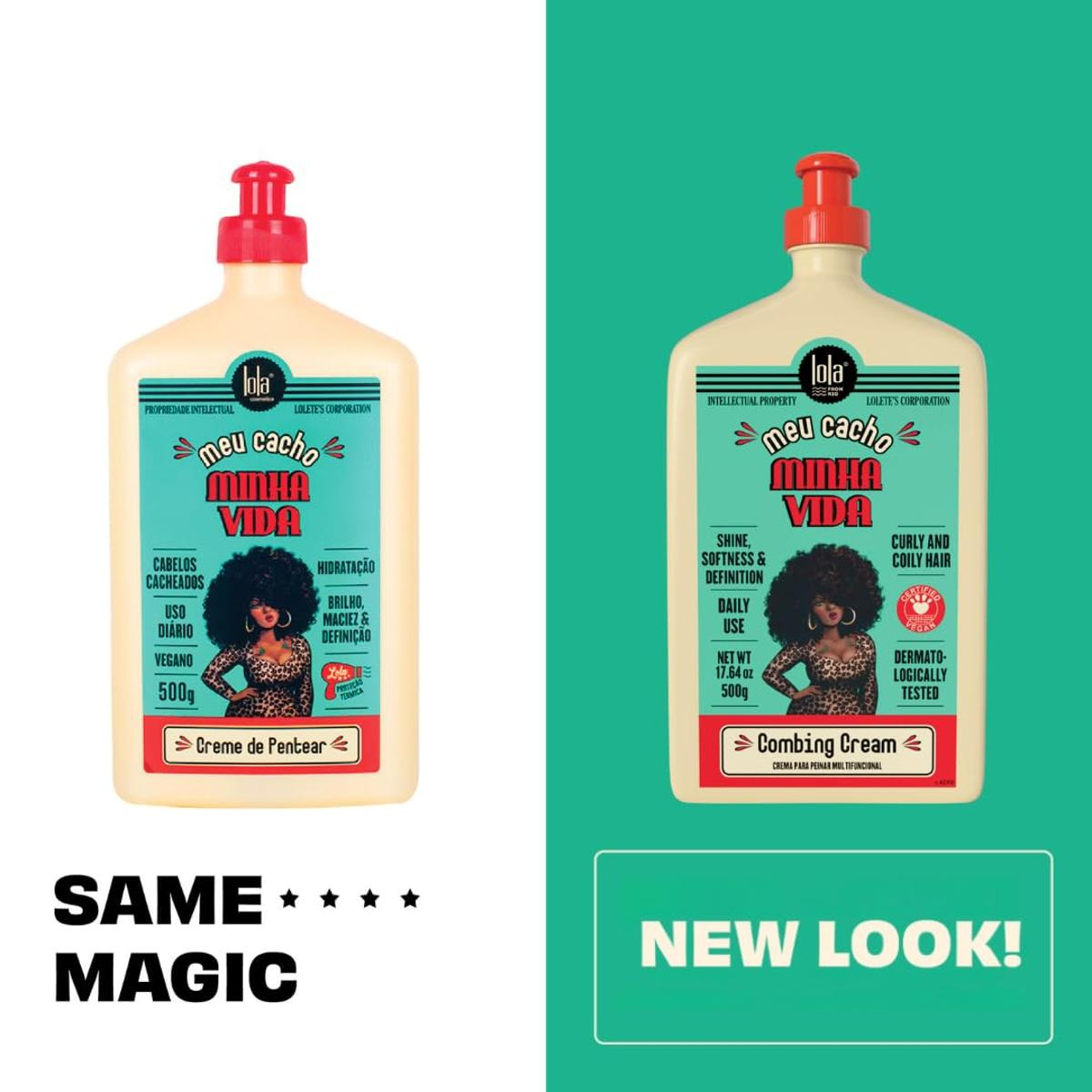 Zwei Flaschen Haarcreme mit einer Frau auf dem Etikett. Text: „Meu Cacho Minha Vida“, „Same Magic“ und „New Look!“. 