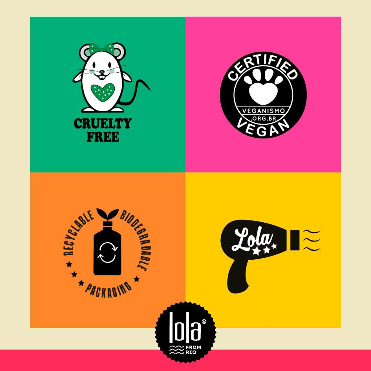 Bild mit vier Abschnitten: Tierversuchsfreie Maus, Vegan-Stempel, recycelbare Verpackung und Lola-Haartrockner-Logo.