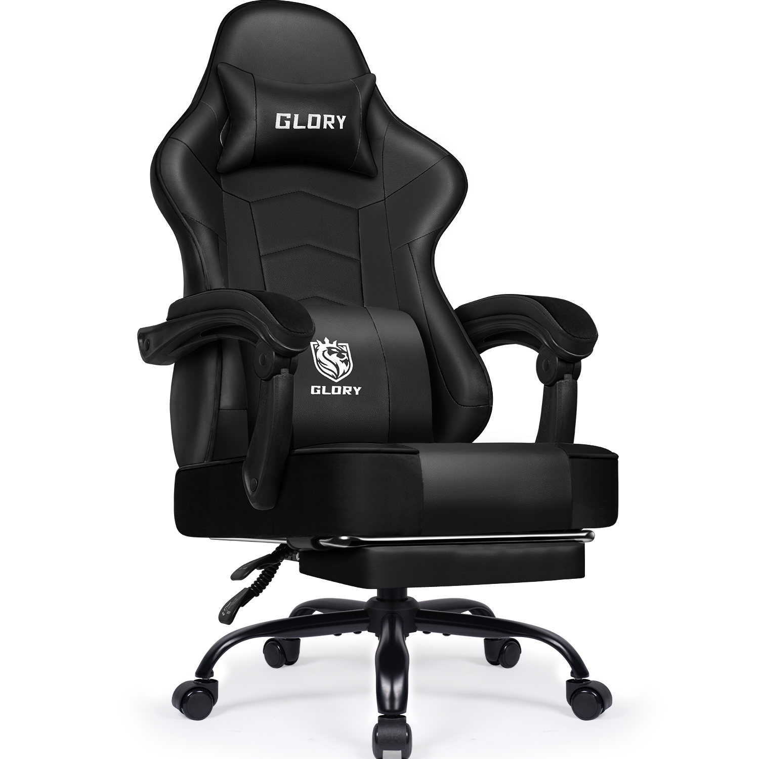 Schwarzer Gaming-Stuhl mit "GLORY"-Logo. Er hat eine Kopfstütze, Armlehnen und eine Fußstütze. Der Stuhl steht auf Rollen und auf weißem Hintergrund.