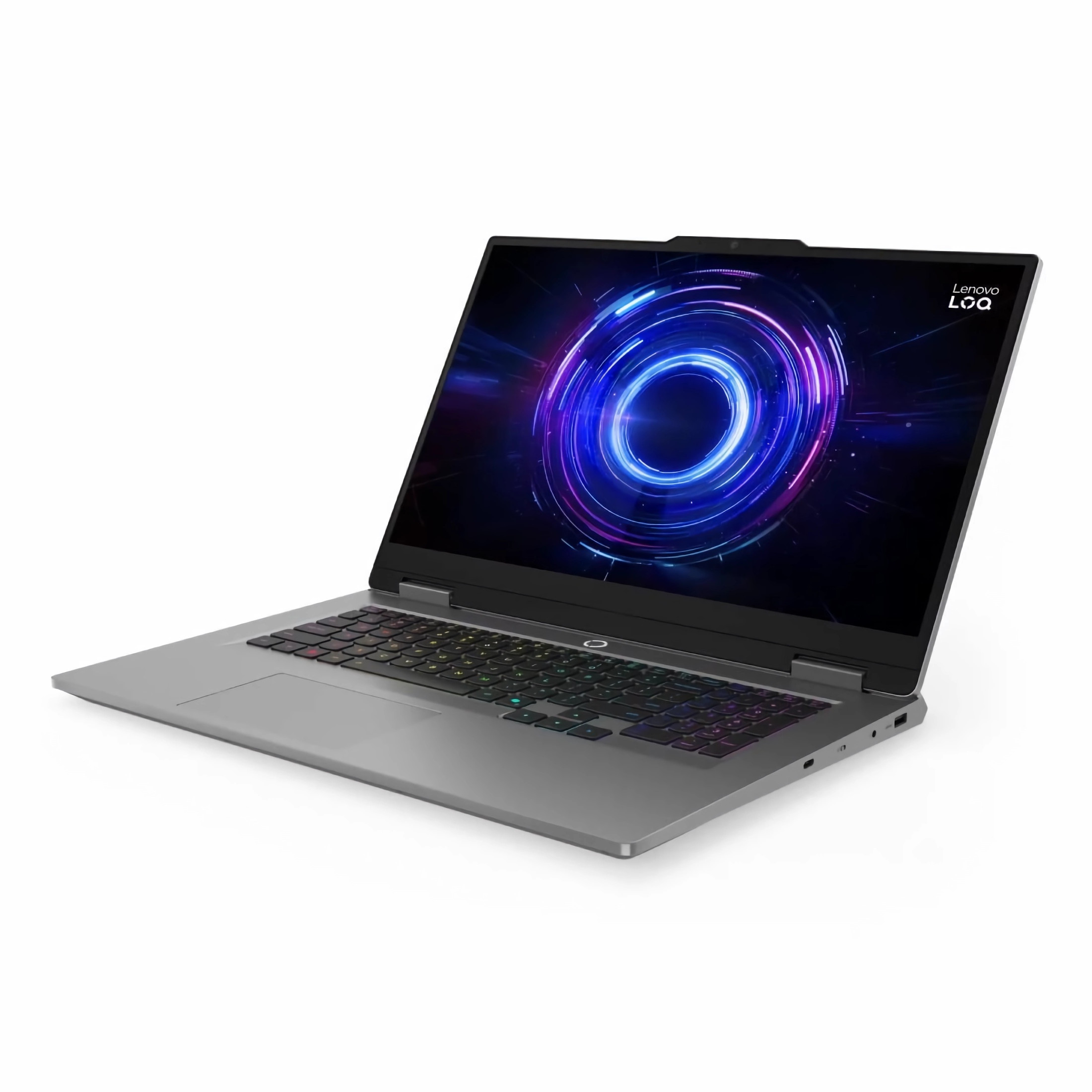 Laptop, Marke Lenovo, geöffnet. Der Bildschirm zeigt eine blaue und violette kreisförmige Grafik. Die Tastatur ist beleuchtet. Graues Gehäuse.