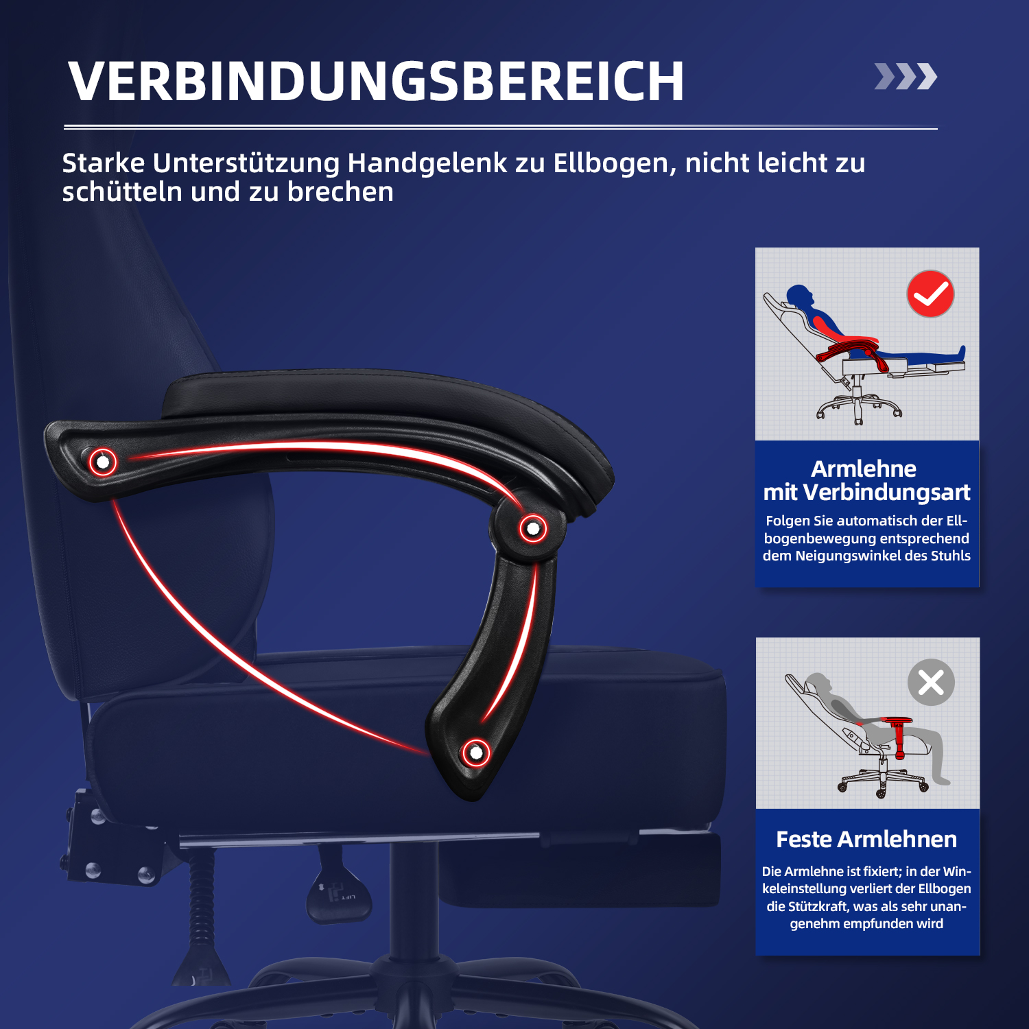 Schwarzer ergonomischer Stuhl mit Armlehnen-Details, die die Stützstruktur hervorheben. Diagramme zeigen flexible und feste Optionen.