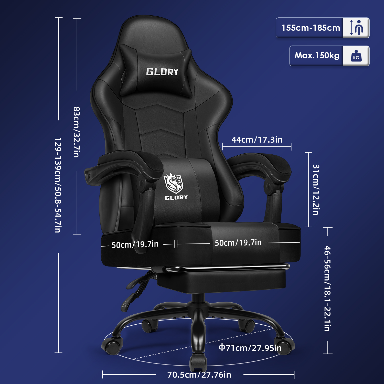 Ein schwarzer Gaming-Stuhl mit Maßangaben. Er hat eine Kopfstütze mit "GLORY" und eine Lordosenstütze mit einem Logo.