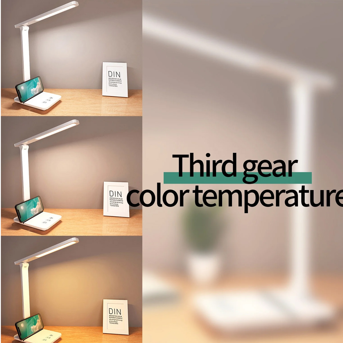 Eine weiße Schreibtischlampe mit Telefonhalter und kleinem Bilderrahmen auf einer Holzoberfläche. Text: "Dritte Gang-Farbtemperatur".